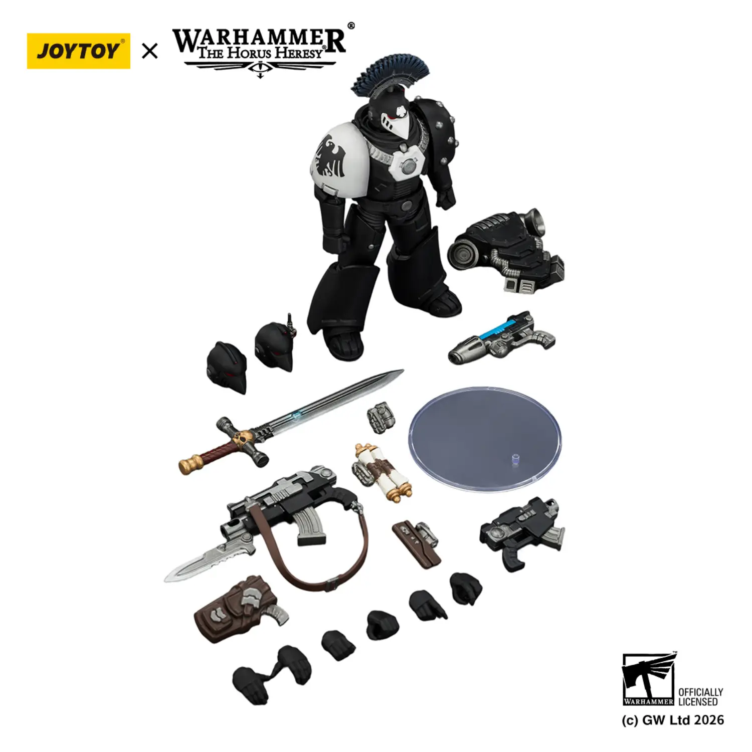 The Parts Of Action Figure Raven Guard Mkvi Tactical Sergeant With Power Sword, Bolter And Plasma Pistol 1 18 Jotyoy Warhammer The Horus Heresy In White Background