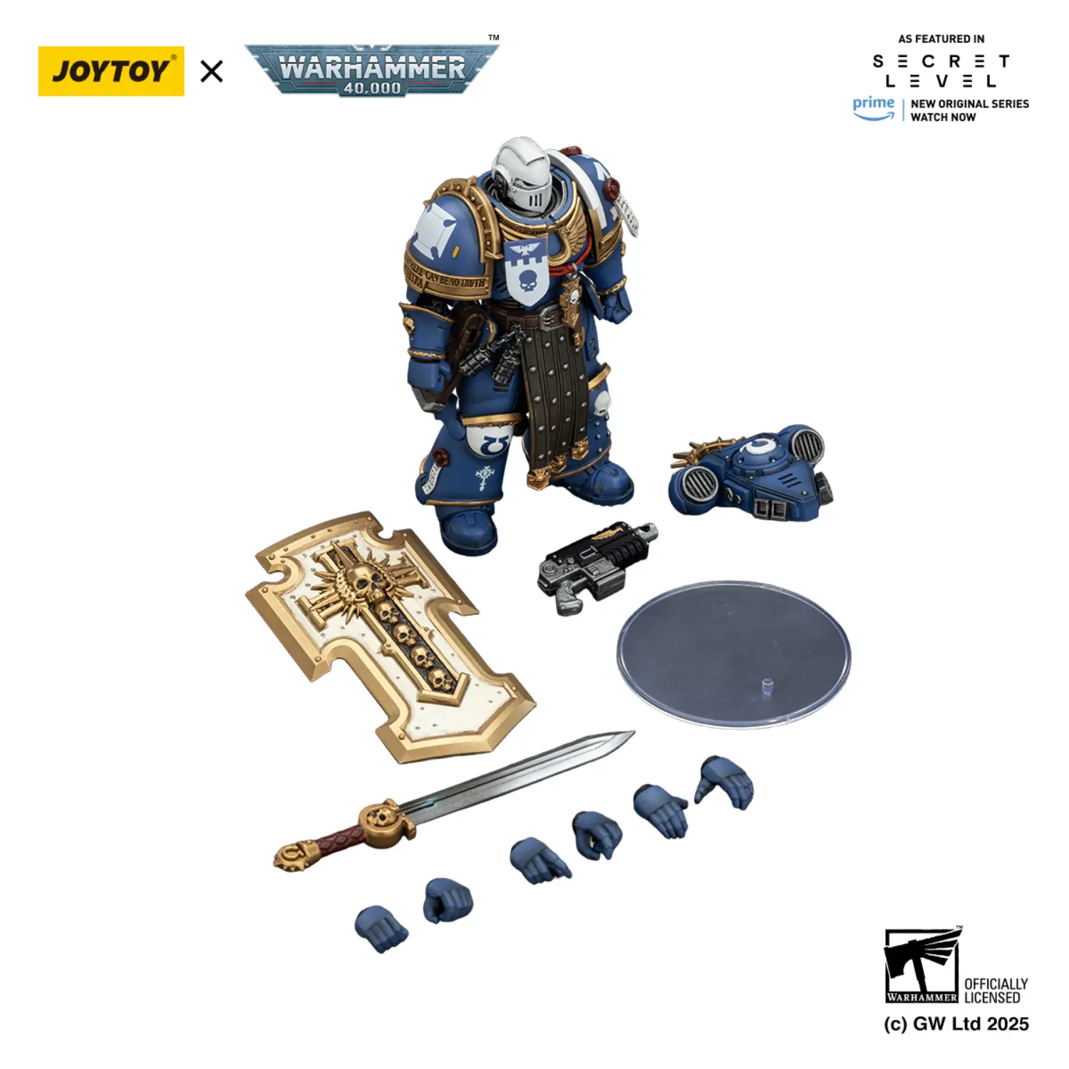 the parts of Action Figure - Ultramarines Torvald with Power Sword, Stormshield and Bolt Pistol 1 18 - JOYTOY Warhammer 40K in white background The Parts Of Action Figure Ultramarines Torvald With Power Sword, Stormshield And Bolt Pistol 1 18 Joytoy Warhammer 40k In White Background