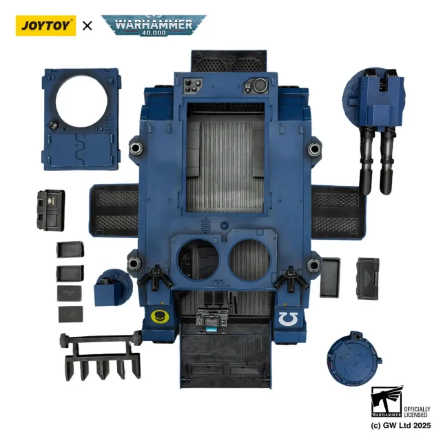the parts of Action Figure Vehicle - Ultramarines Razorback with Twin Lascannon 1 18 - JOYTOY Warhammer 40K in white background The Parts Of Action Figure Vehicle Ultramarines Razorback With Twin Lascannon 1 18 Joytoy Warhammer 40k In White Background
