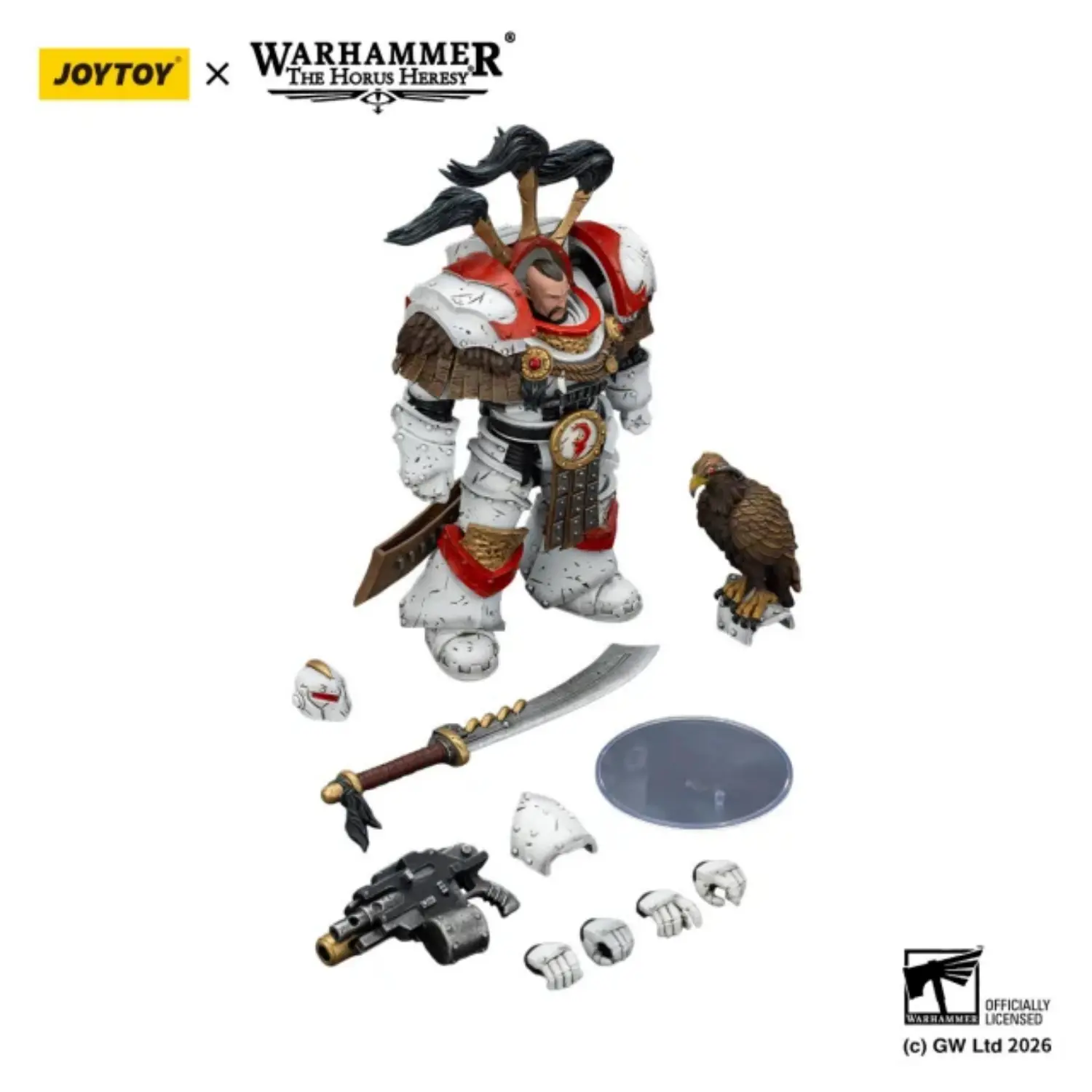 the parts of Action Figure - White Scars Legion Praetor in Cataphractii Terminator Armour 1 18 - JOYTOY Warhammer 40K in white background The Parts Of Action Figure White Scars Legion Praetor In Cataphractii Terminator Armour 1 18 Joytoy Warhammer 40k In White Background