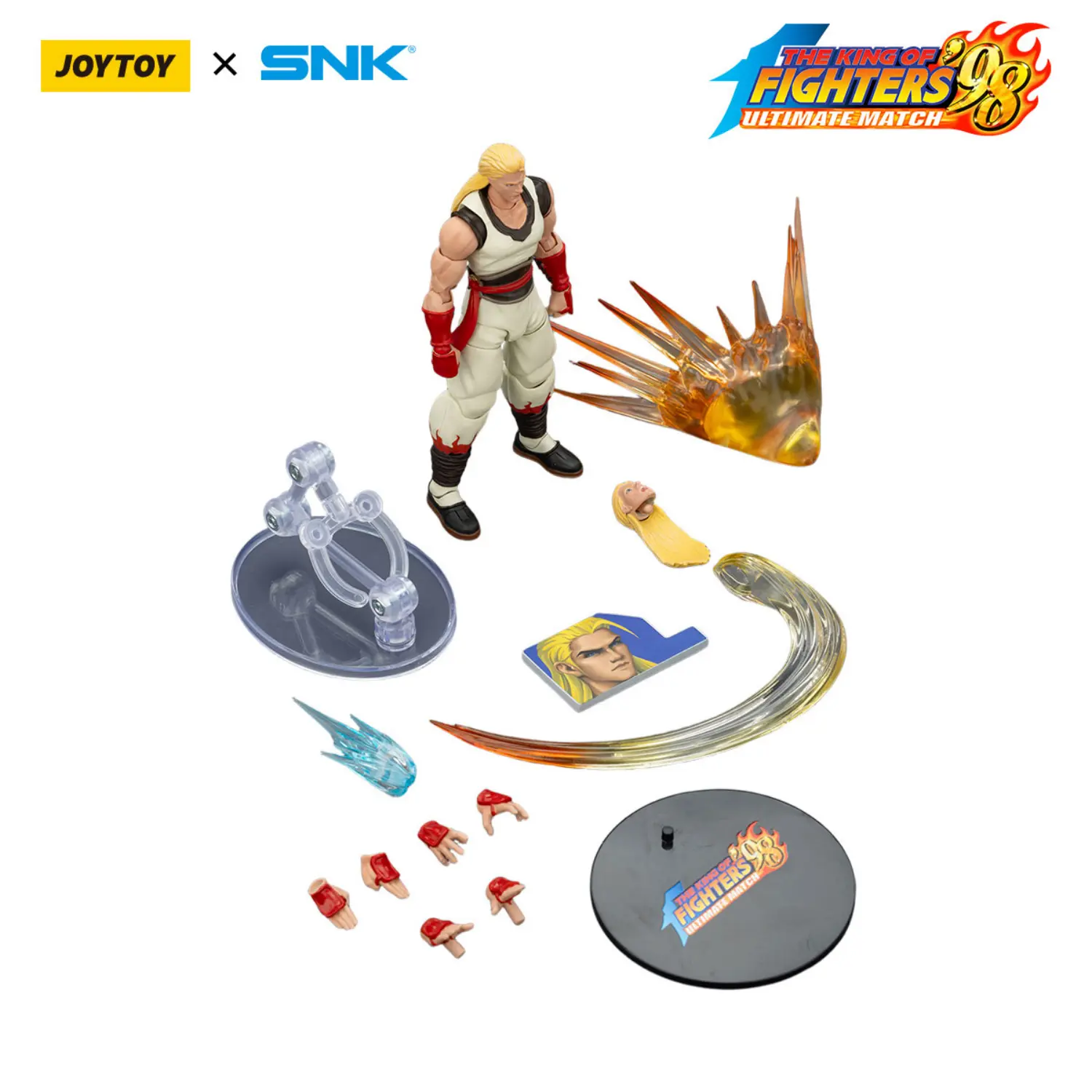 the parts of the Action Figure - Andy Bogard KOF _98 UM Fatal Fury Team SNK 1 18 - JOYTOY The King of Fighters in white background Action Figure - Andy Bogard KOF '98 UM Fatal Fury Team SNK 1/18 - JOYTOY The King of Fighters