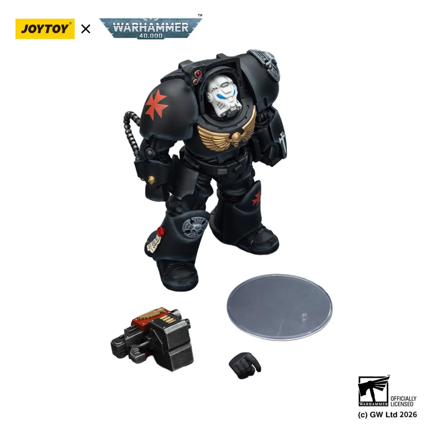 the parts of the Action Figure - Black Templars Terminator 2 with Power Fist and Storm Bolter 1 18 - JOYTOY Warhammer 40K in white background the parts of the Action Figure - Black Templars Terminator 2 with Power Fist and Storm Bolter 1 18 - JOYTOY Warhammer 40K in white background