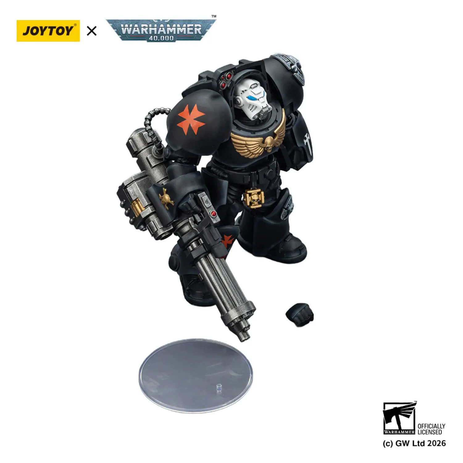 the parts of the Action Figure - Black Templars Terminator 3 with Power Fist and Assault Cannon 1 18 - JOYTOY Warhammer 40K in white background the parts of the Action Figure - Black Templars Terminator 3 with Power Fist and Assault Cannon 1 18 - JOYTOY Warhammer 40K in white background