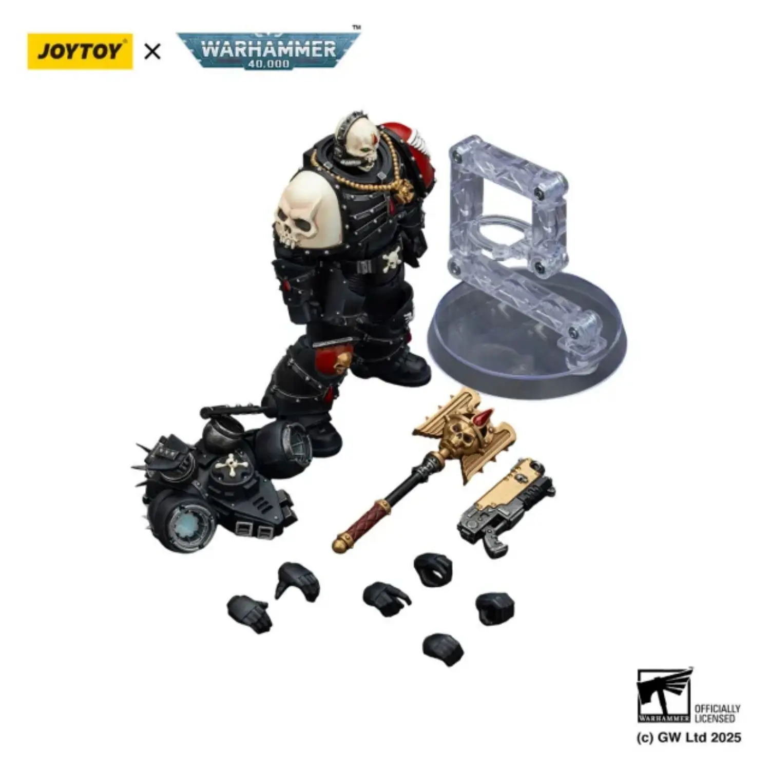 The Parts Of The Action Figure Blood Angels Lemartes With Jump Pack, Blood Crozius And Absolver Bolt Pistol 1 18 Joytoy Warhammer 40k In Whtie Background
