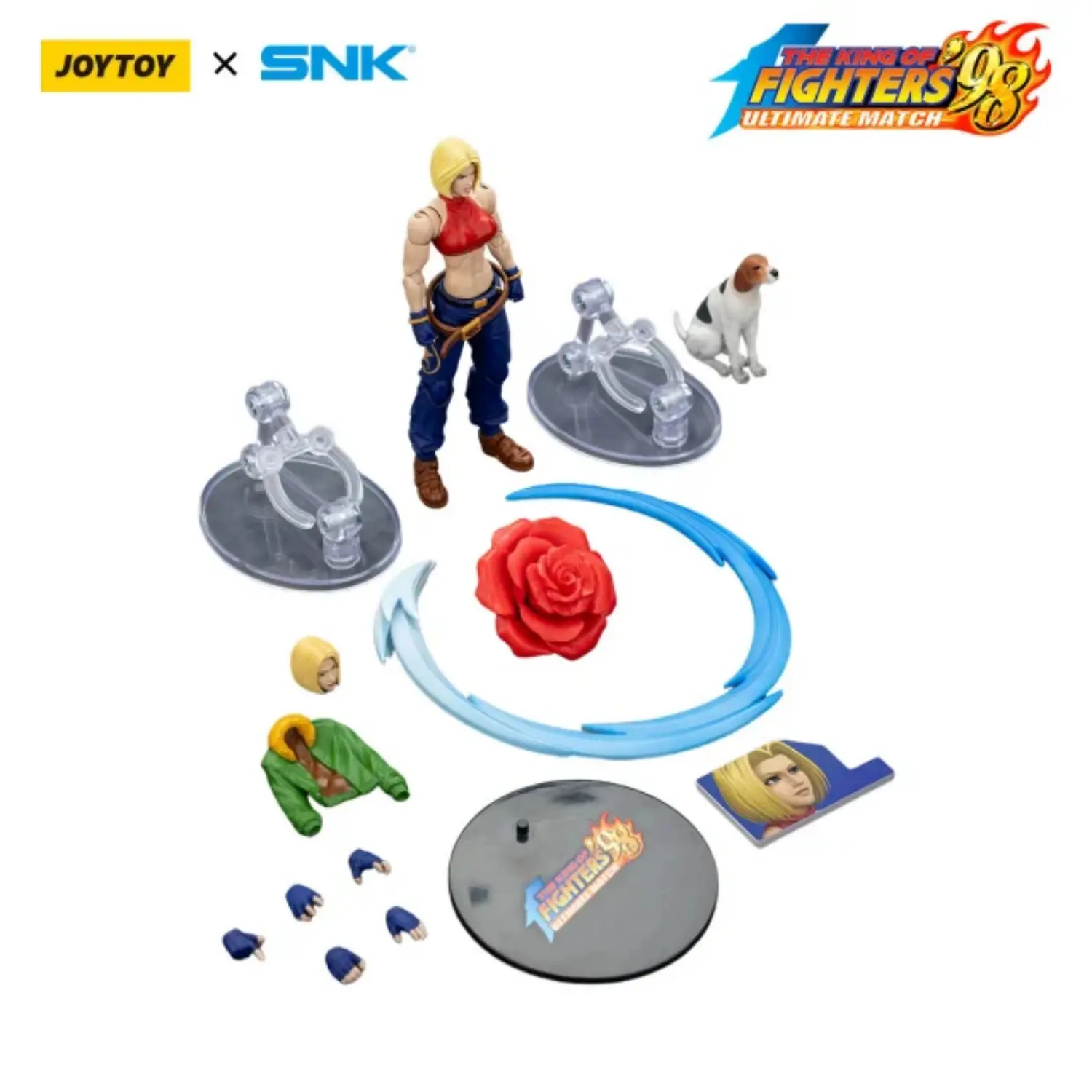 the parts of the Action Figure - Blue Mary KOF _98 UM 97 Special Team Team SNK 1 18 - JOYTOY The King of Fighters in white background Action Figure - Blue Mary KOF '98 UM 97 Special Team SNK 1/18 - JOYTOY The King of Fighters