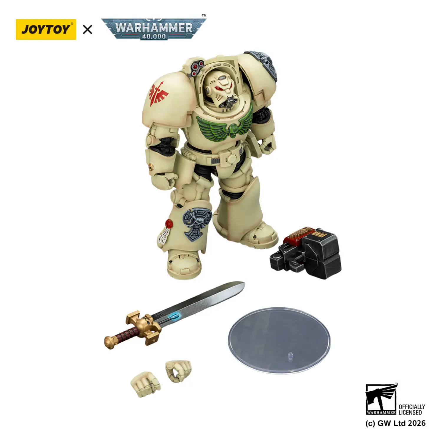 the parts of the Action Figure - Dark Angels Deathwing Terminator 1 with Power Sword and Storm Bolter 1 18 - JOYTOY Warhammer 40K in white background the parts of the Action Figure - Dark Angels Deathwing Terminator 1 with Power Sword and Storm Bolter 1 18 - JOYTOY Warhammer 40K in white background