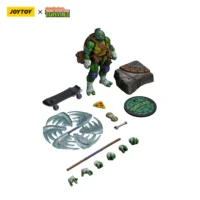 the parts of the Action Figure - Donatello TMNT Nickelodeon 1 18 - JOYTOY Teenage Mutant Ninja Turtles in white background