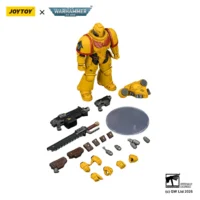 the parts of the Action Figure - Imperial Fists Intercessor with Bolt Rifle, Bolt Pistol and Chainsword 1 18 - Warhammer 40K in white background