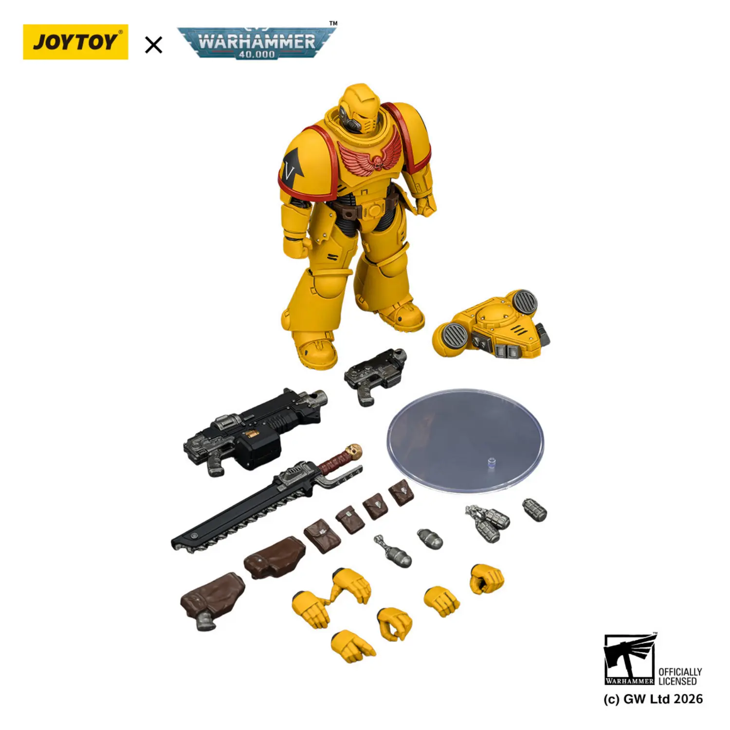 the parts of the Action Figure - Imperial Fists Intercessor with Bolt Rifle, Bolt Pistol and Chainsword 1 18 - Warhammer 40K in white background