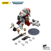 the parts of the Action Figure - JOYTOY Blood Angels Sanguinary Priest with Heavy Bolt Pistol, Chainsword and Narthecium 1 18 - Warhammer 40K in white background