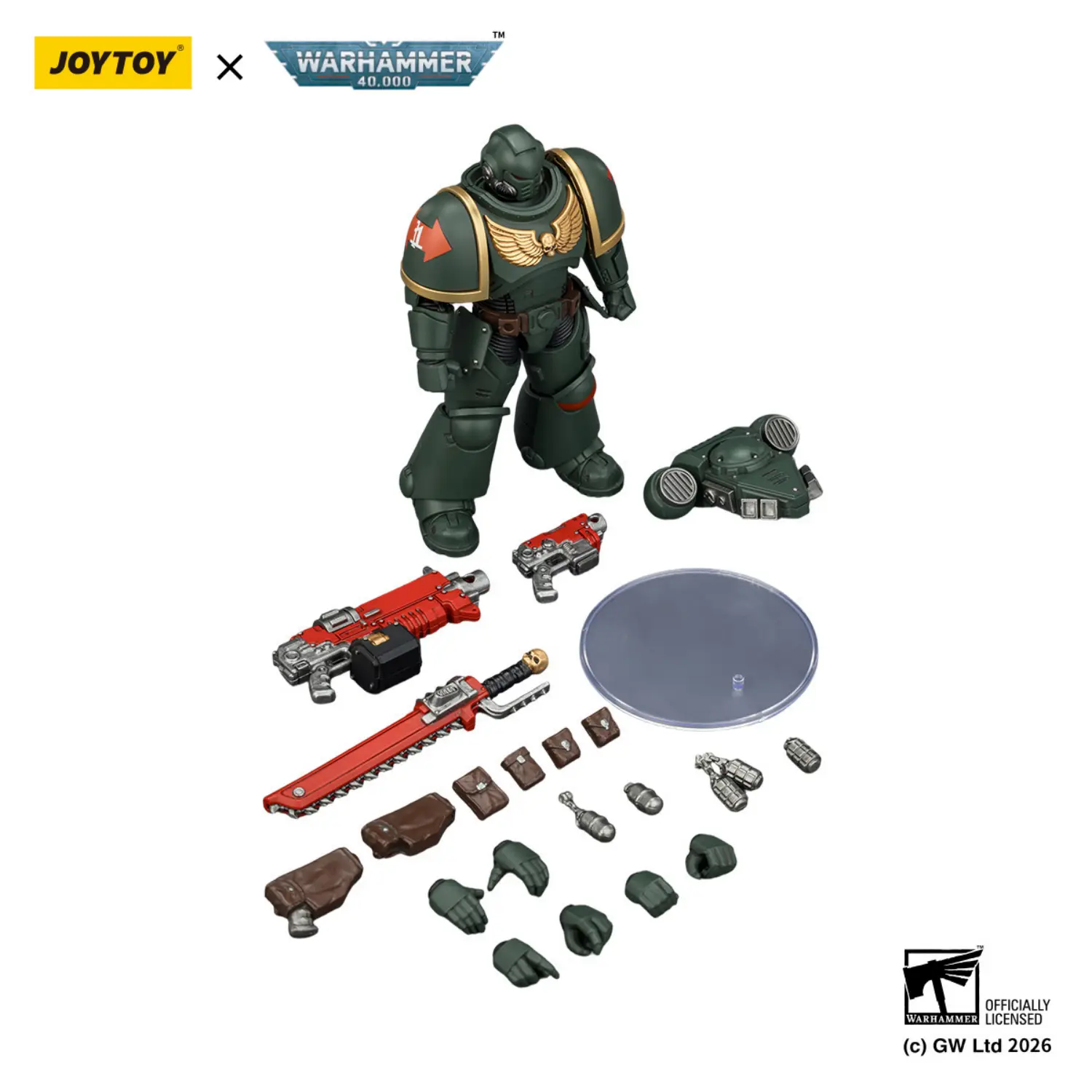 the parts of the Action Figure - JOYTOY Dark Angels Intercessor with Bolt Rifle, Bolt Pistol and Chainsword 1 18 - Warhammer 40K in white background