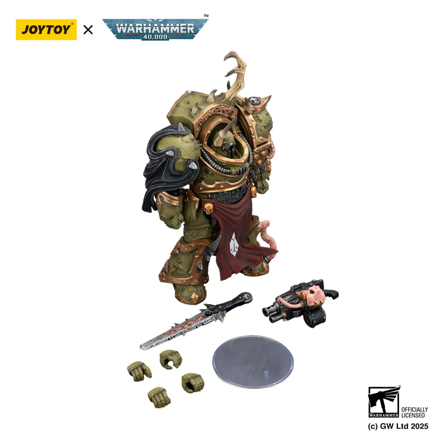 the parts of the Action Figure - JOYTOY Death Guard Blightlord Terminator with Combi-bolter and Bubotic Blade 1 18 - Warhammer 40K in white background