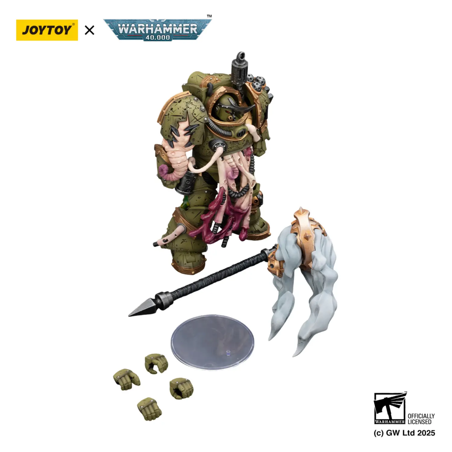 the parts of the Action Figure - JOYTOY Death Guard Blightlord Terminator with Flail of Corruption 1 18 - Warhammer 40K in white background the parts of the Action Figure - JOYTOY Death Guard Blightlord Terminator with Flail of Corruption 1 18 - Warhammer 40K in white background