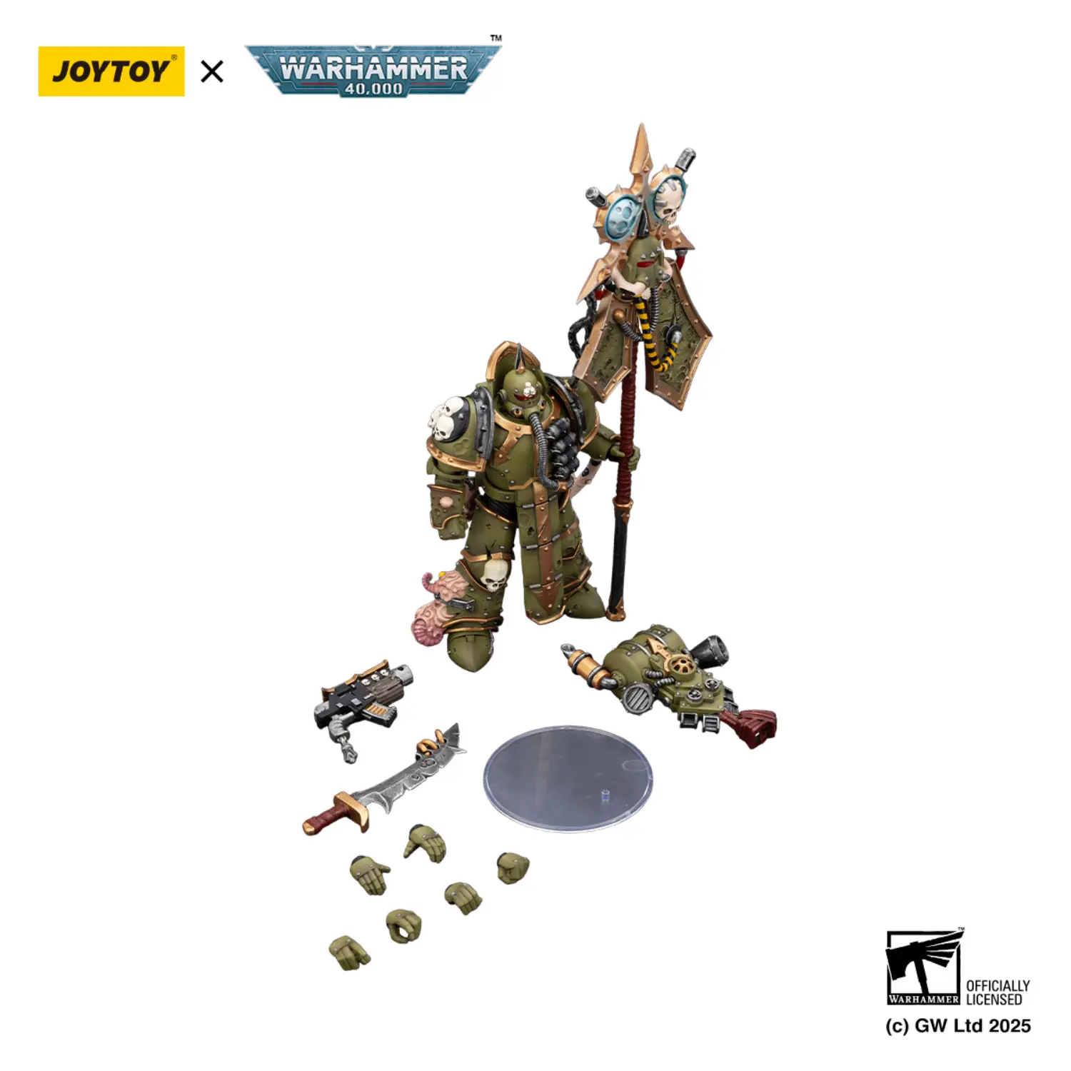 the parts of the Action Figure - JOYTOY Death Guard Plague Marine Icon bearer with Boltgun and Plague knife 1 18 - Warhammer 40K in white background