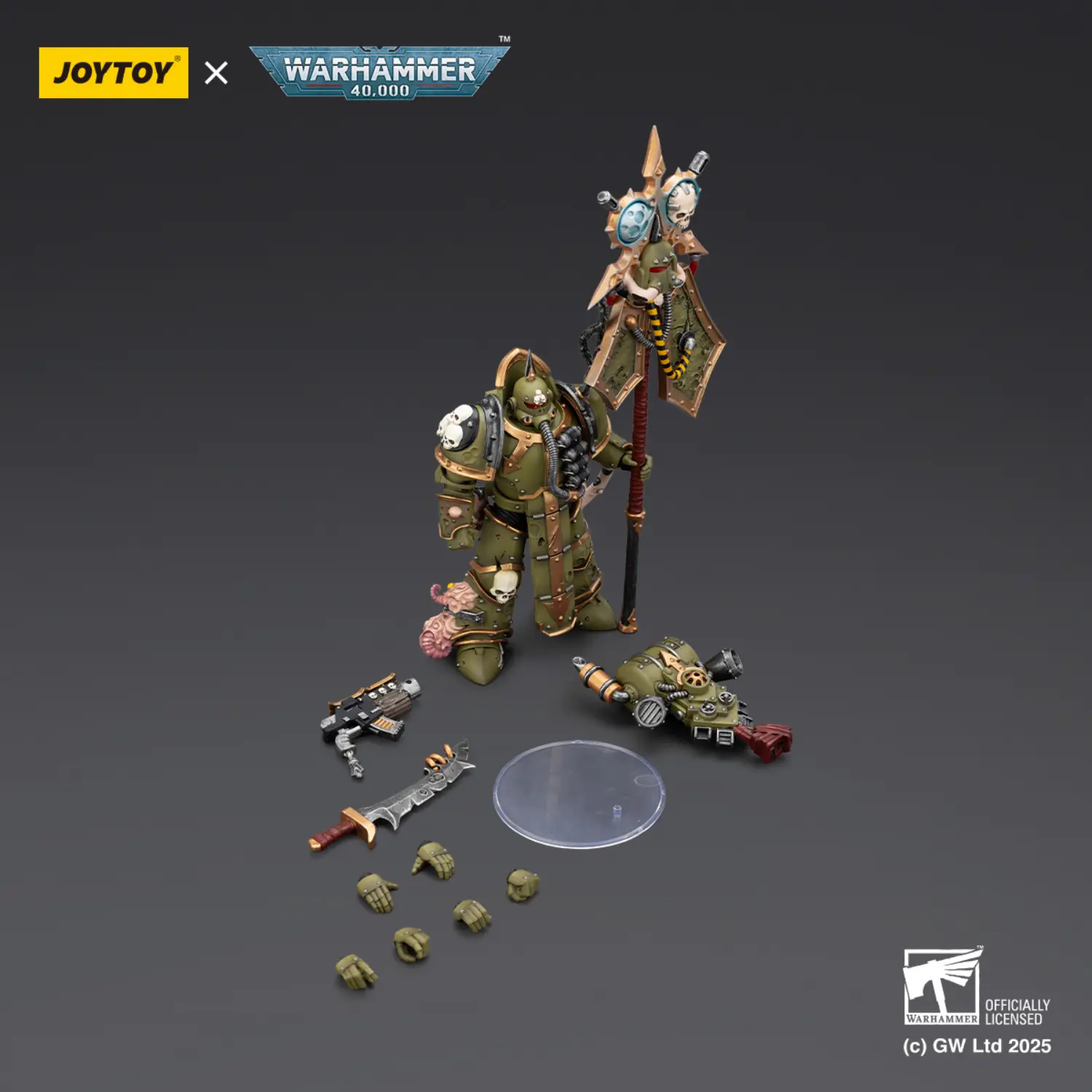 the parts of the Action Figure - JOYTOY Death Guard Plague Marine Icon bearer with Boltgun and Plague knife 1 18 - Warhammer 40K