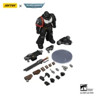 the parts of the Action Figure - JOYTOY Raven Guard Intercessor with Bolt Rifle, Bolt Pistol, and Chainsword 1 18 - Warhammer 40K in white background