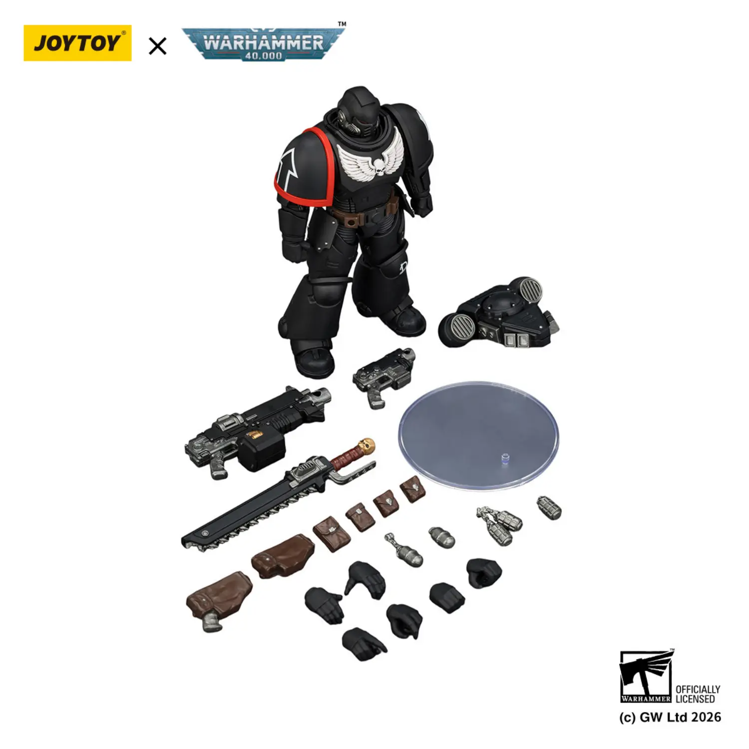 the parts of the Action Figure - JOYTOY Raven Guard Intercessor with Bolt Rifle, Bolt Pistol, and Chainsword 1 18 - Warhammer 40K in white background