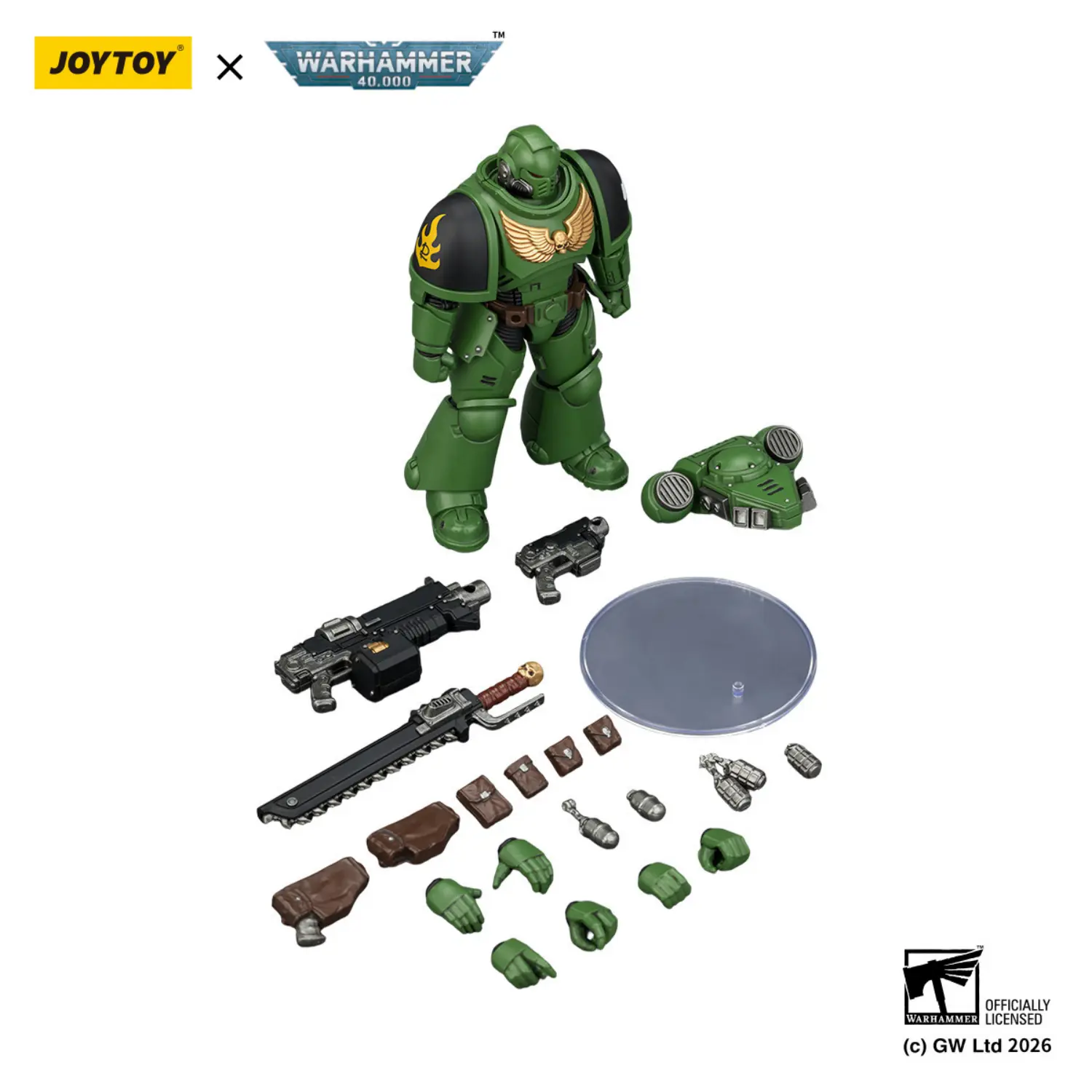 the parts of the Action Figure - JOYTOY Salamanders Intercessor with Bolt Rifle, Bolt Pistol and Chainsword 1 18 - Warhammer 40K in white background the parts of the Action Figure - JOYTOY Salamanders Intercessor with Bolt Rifle, Bolt Pistol and Chainsword 1 18 - Warhammer 40K in white background