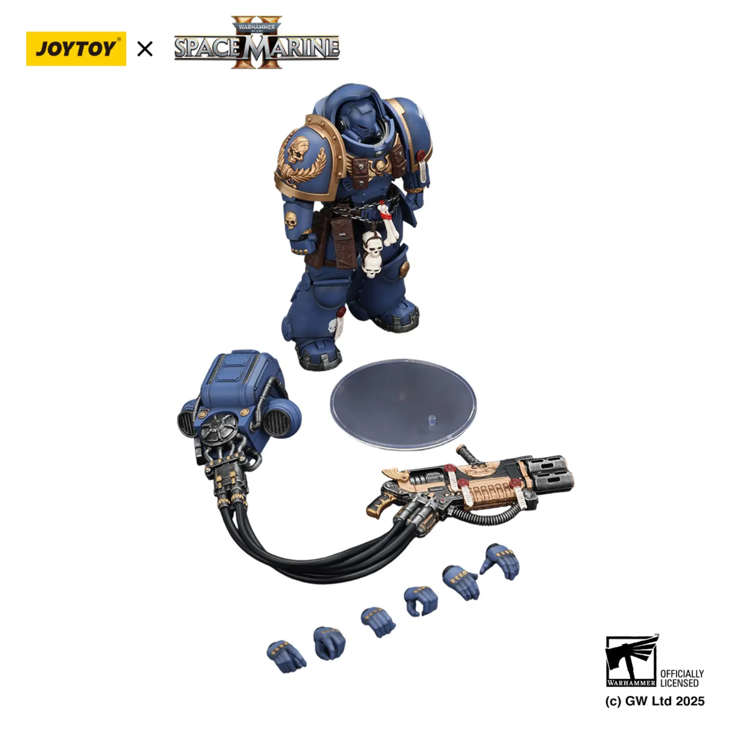 the parts of the Action Figure - JOYTOY Ultramarines Heavy Artificer Armor with Relic Multi-Melta 1 18 - Warhammer 40K in white background