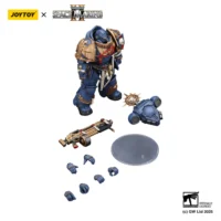 the parts of the Action Figure - JOYTOY Ultramarines Heavy Relic Primus Armor with Heavy Relic Bolt Rifle 1 18 - Warhammer 40K in white background