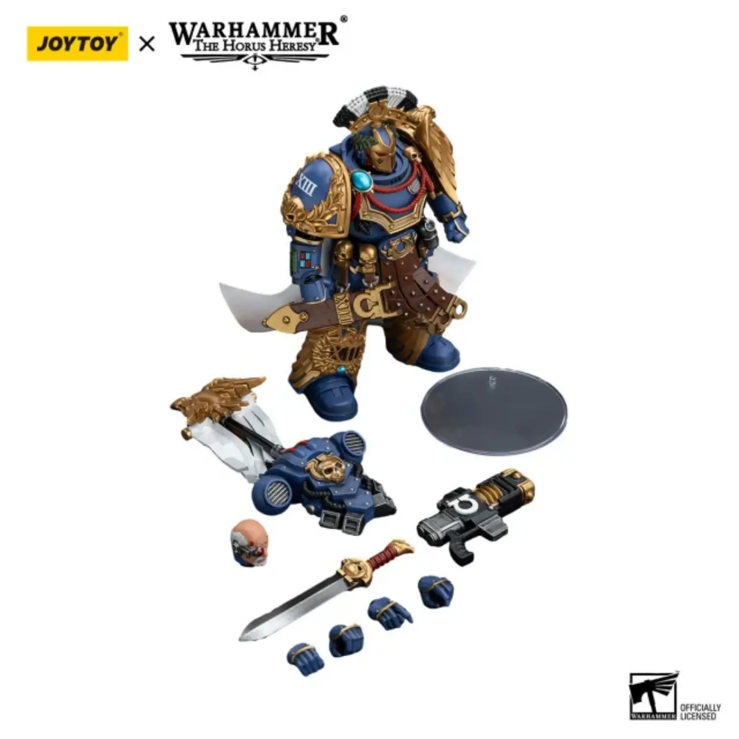 the parts of the Action Figure - JOYTOY Ultramarines Legion Praetor with Power Sword and Volkite Serpenta 1 18 - Warhammer The Horus Heresy in white background