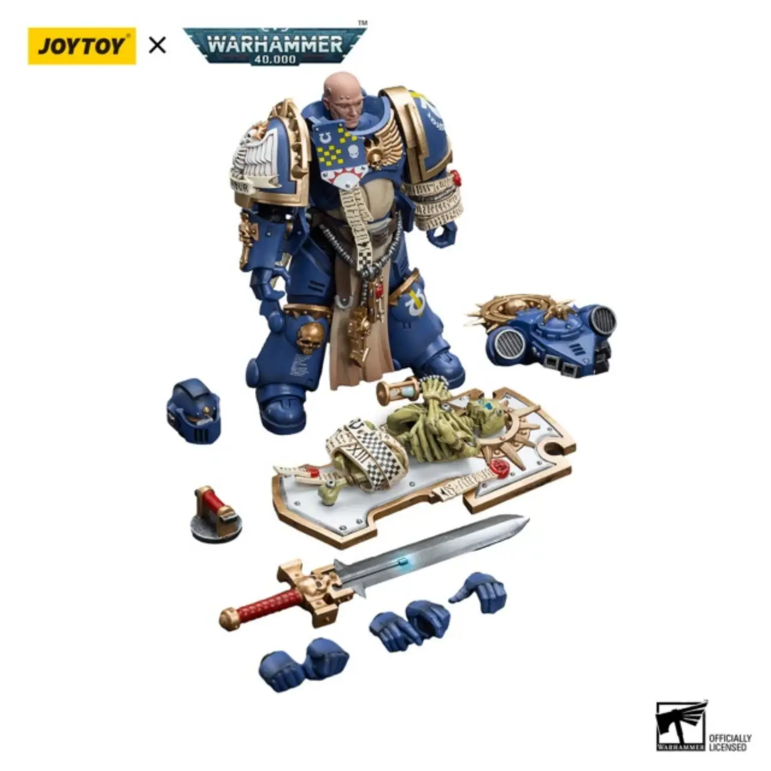 the parts of the Action Figure - JOYTOY Ultramarines Primaris Captain with Relic Shield and Power Sword 1 18 - Warhammer 40K in white background the parts of the Action Figure - JOYTOY Ultramarines Primaris Captain with Relic Shield and Power Sword 1 18 - Warhammer 40K in white background