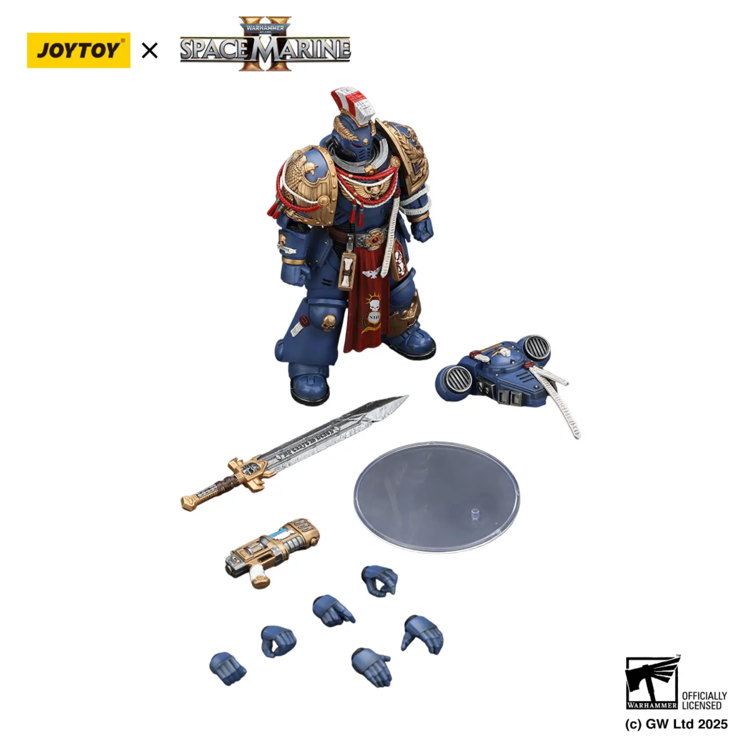 the parts of the Action Figure - JOYTOY Ultramarines Relic Primus Armour with Plasma Pistol and Combat Blade 1 18 - Warhammer 40K in white background the parts of the Action Figure - JOYTOY Ultramarines Relic Primus Armour with Plasma Pistol and Combat Blade 1 18 - Warhammer 40K in white background