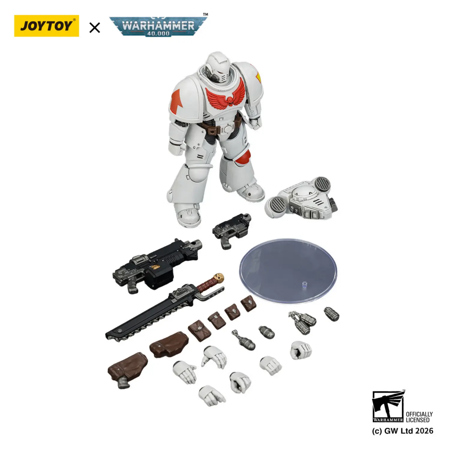 the parts of the Action Figure - JOYTOY White Scars Intercessor with Bolt Rifle, Bolt Pistol and Chainsword 1 18 - Warhammer 40K in white background