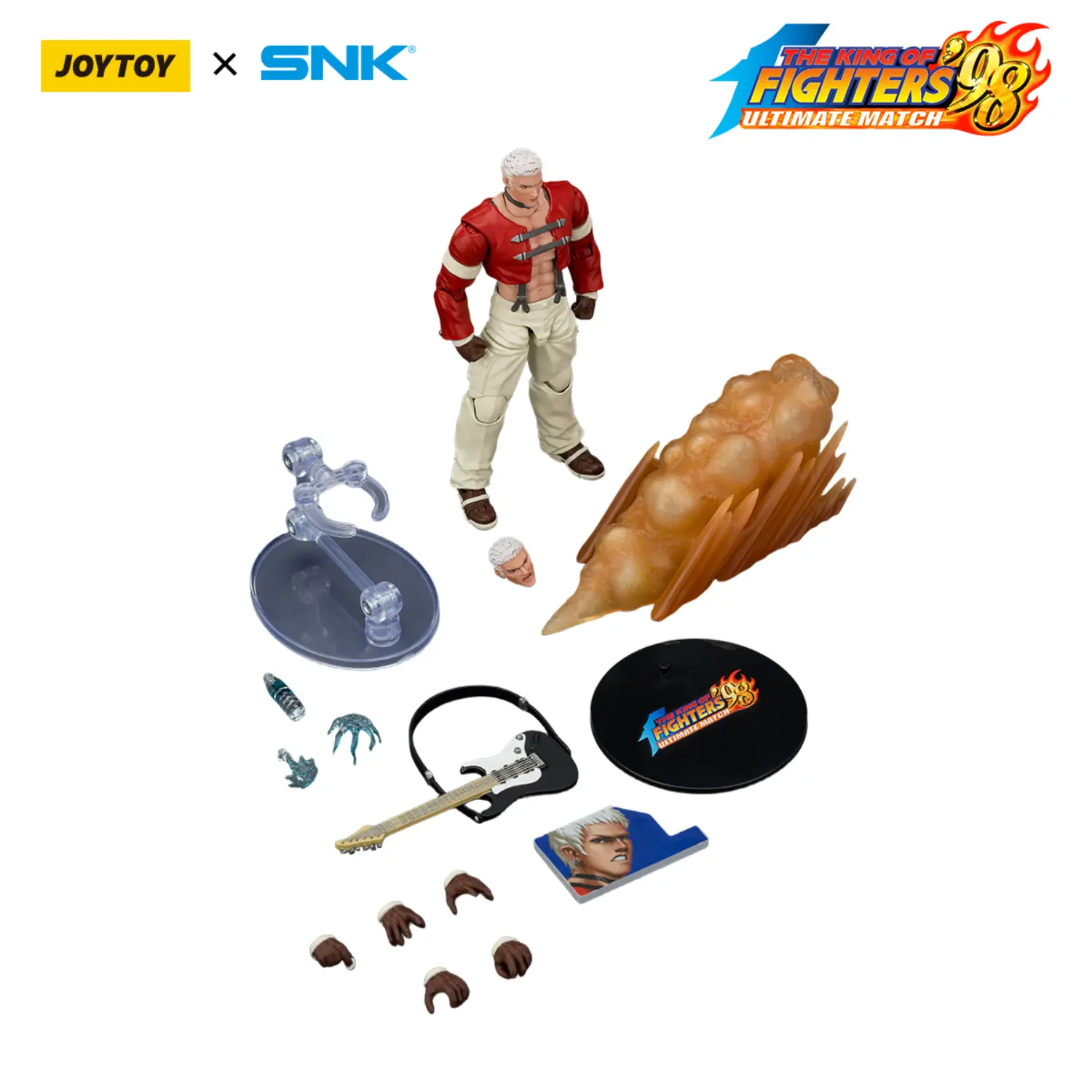 the parts of the Action Figure - JOYTOY Yashiro Nanakase KOF _98 UM Orochi Team SNK 1 18 - The King of Fighters in white background