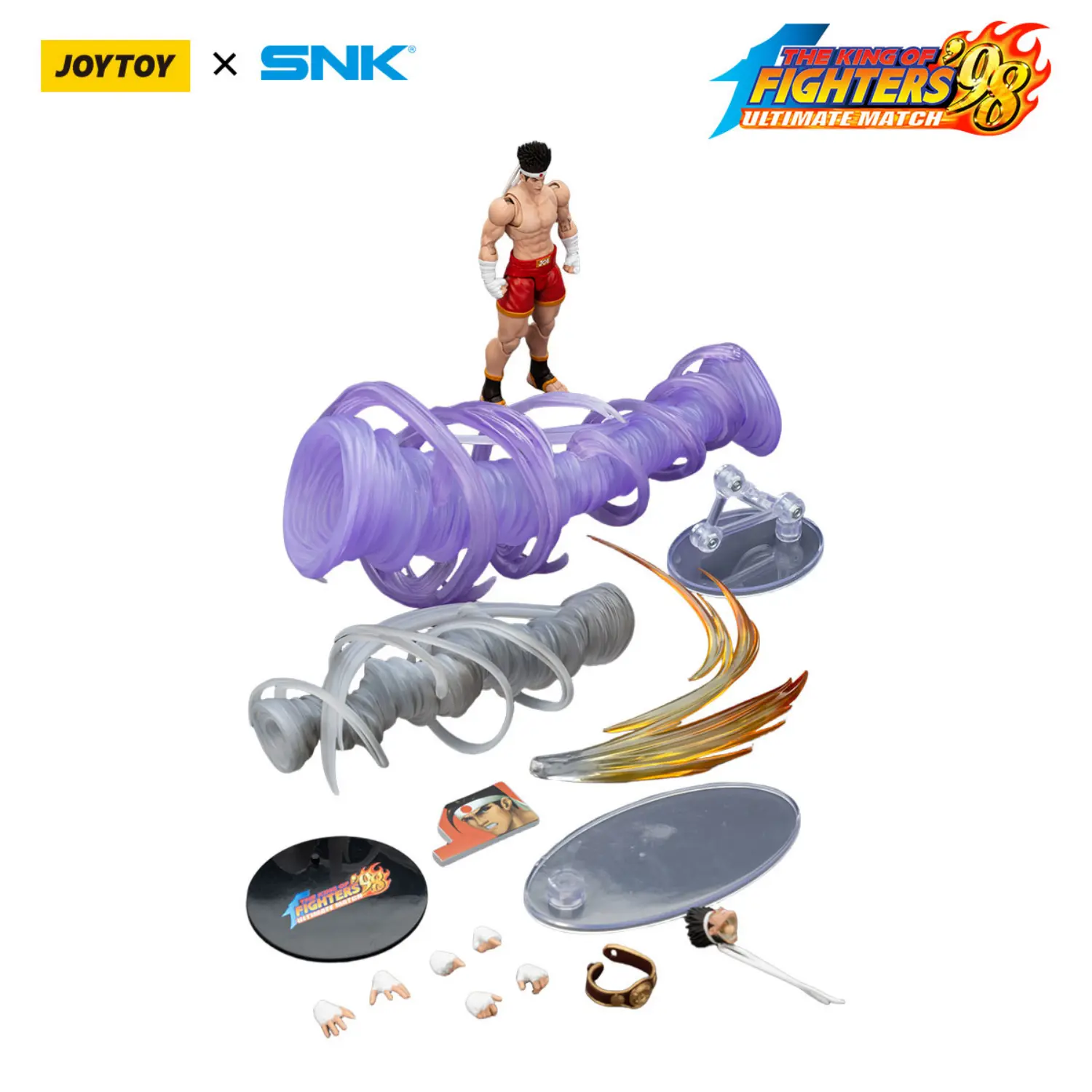 the parts of the Action Figure - Joe Higashi KOF _98 UM Fatal Fury Team SNK 1 18 - JOYTOY The King of Fighters in white background Action Figure - Joe Higashi KOF '98 UM Fatal Fury Team SNK 1/18 - JOYTOY The King of Fighters