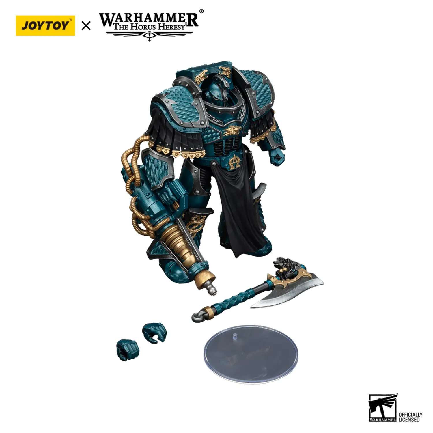 the parts of the Action Figure - JoyToy Alpha Legion Lernaean Terminator with Conversion Beam Cannon 1 18 - Warhammer The Horus Heresy in white background