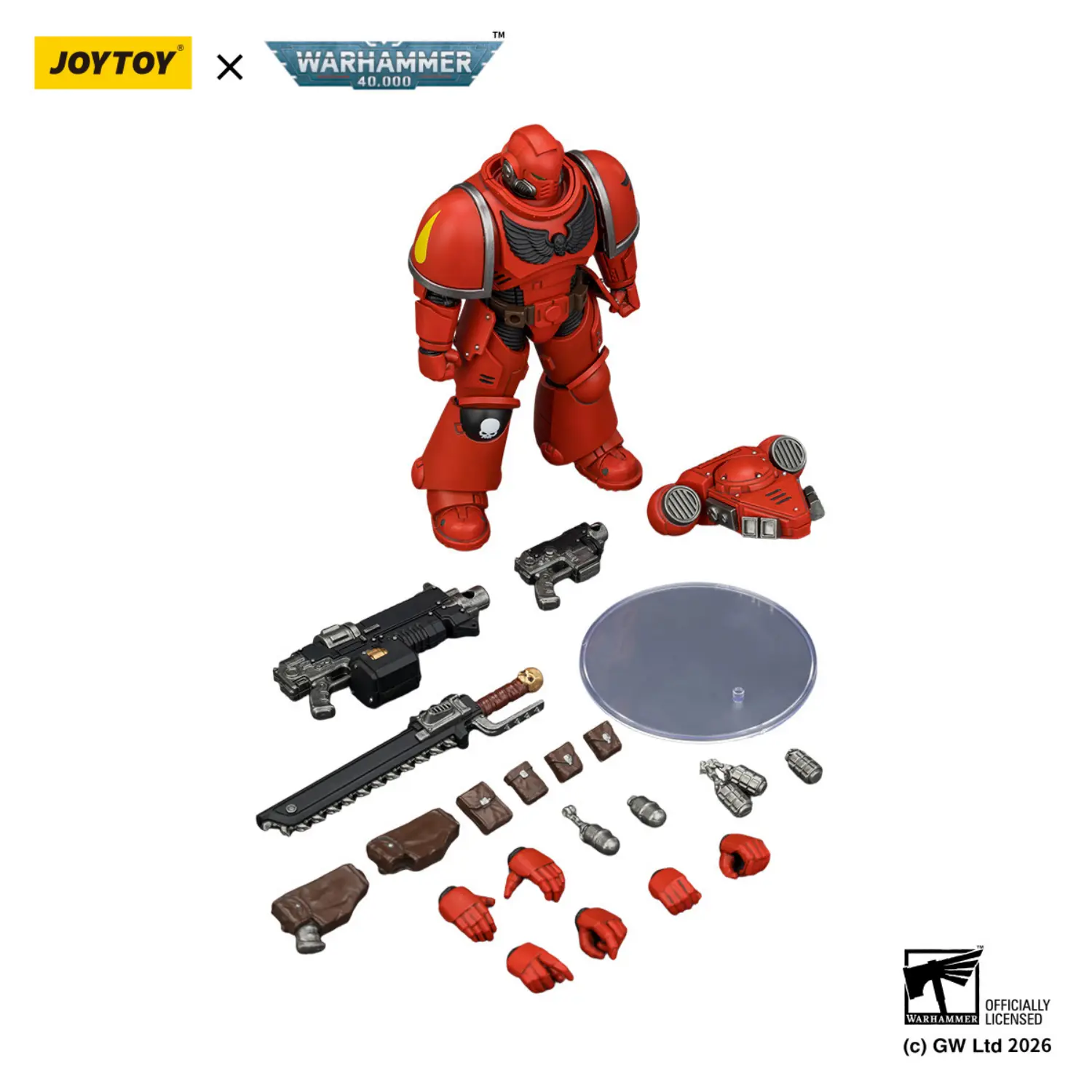 the parts of the Action Figure - JoyToy Blood Angels Intercessor with Bolt Rifle, Bolt Pistol and Chainsword 1 18 - Warhammer 40K in white background the parts of the Action Figure - JoyToy Blood Angels Intercessor with Bolt Rifle, Bolt Pistol and Chainsword 1 18 - Warhammer 40K in white background