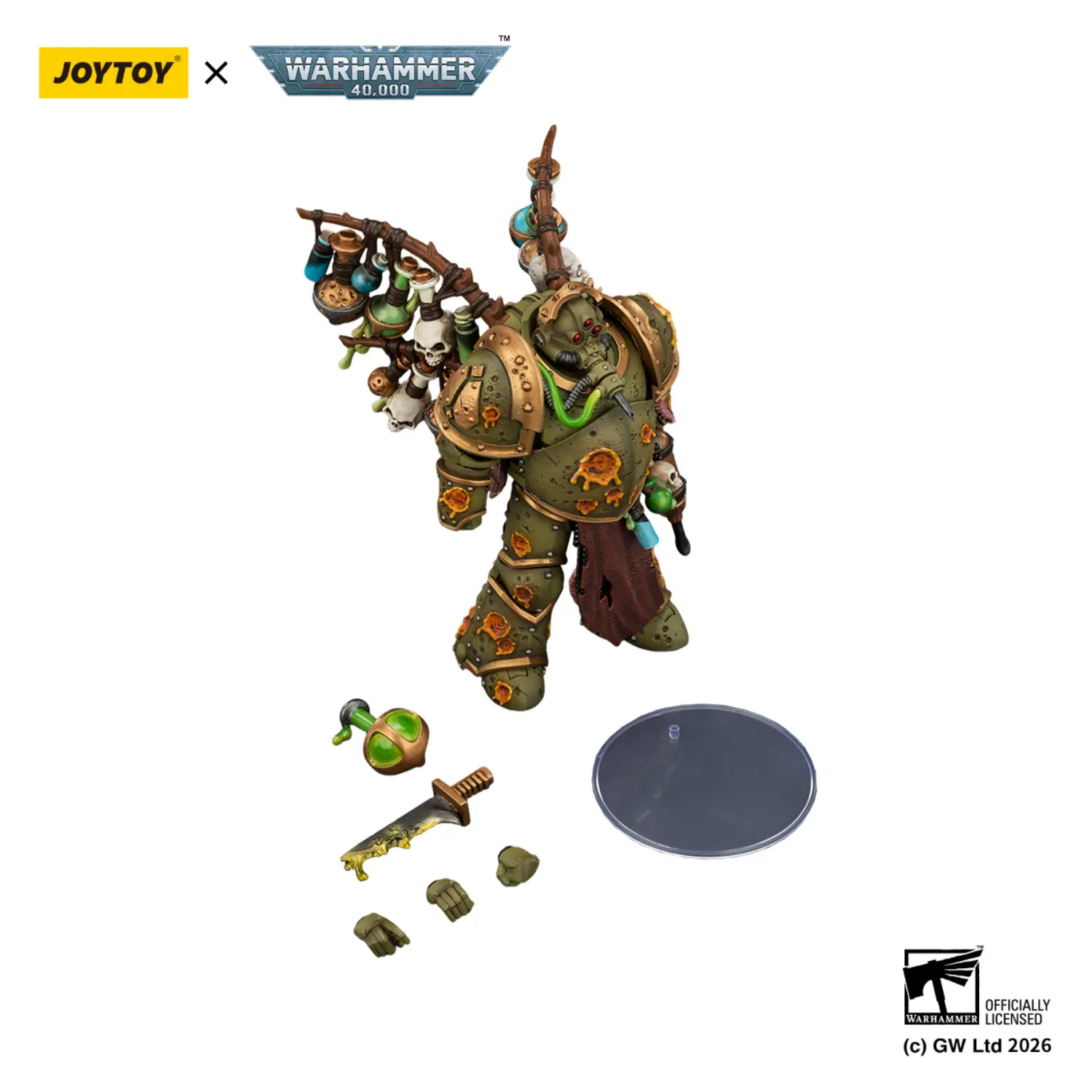 the parts of the Action Figure - JoyToy Death Guard Biologus Putrifier with Injector Pistol and Hyper Blight Grenades 1 18 - Warhammer 40K in white background