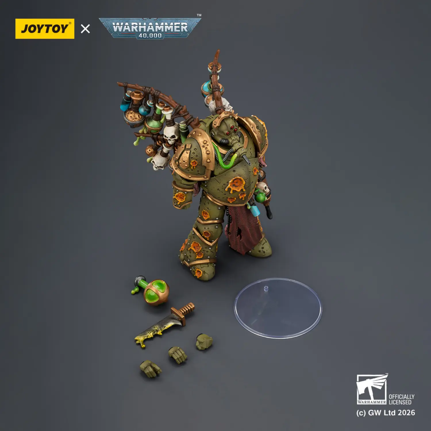 the parts of the Action Figure - JoyToy Death Guard Biologus Putrifier with Injector Pistol and Hyper Blight Grenades 1 18 - Warhammer 40K