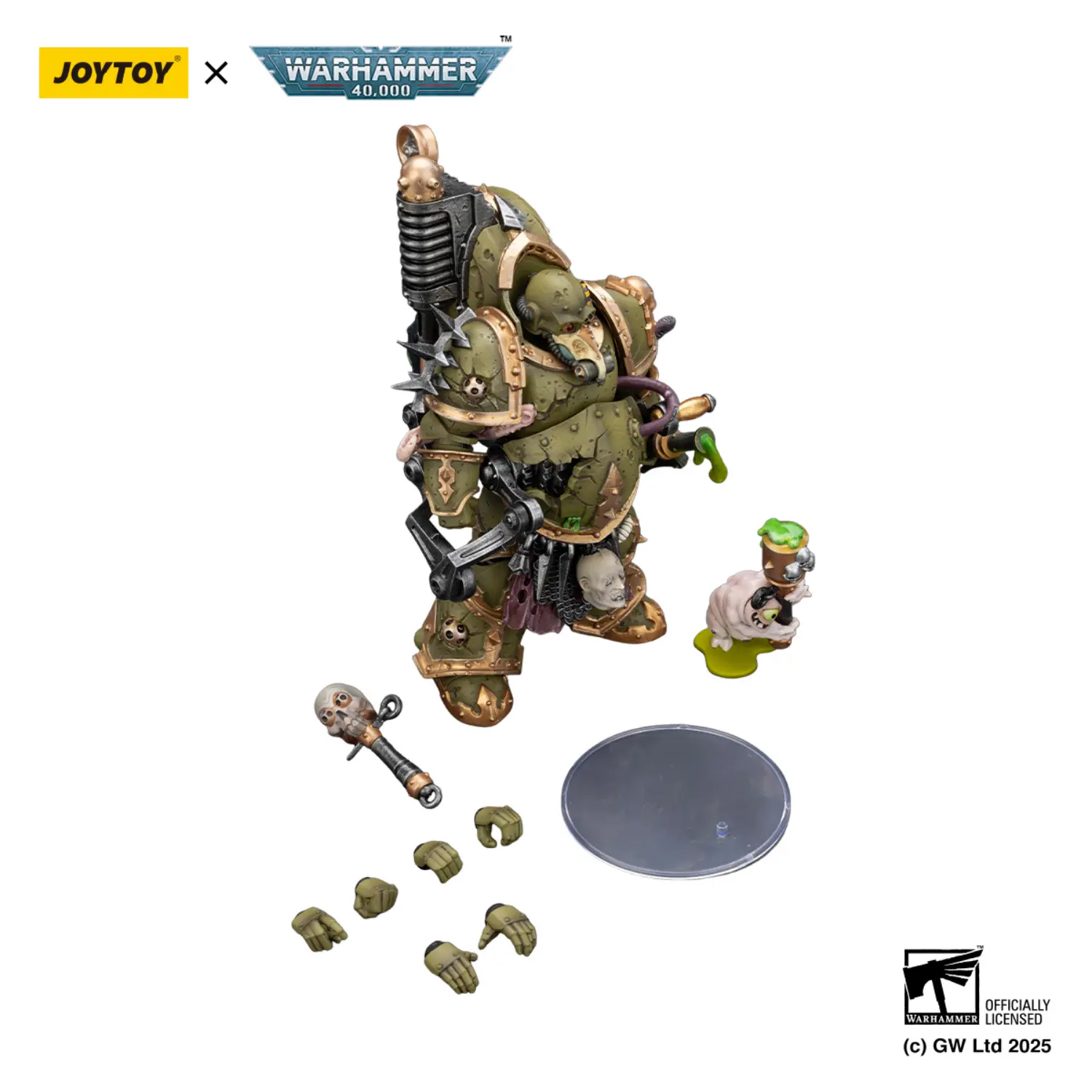 the parts of the Action Figure - JoyToy Death Guard Foul Blightspawn with Plague Sprayer 1 18 - Warhammer 40K in white background