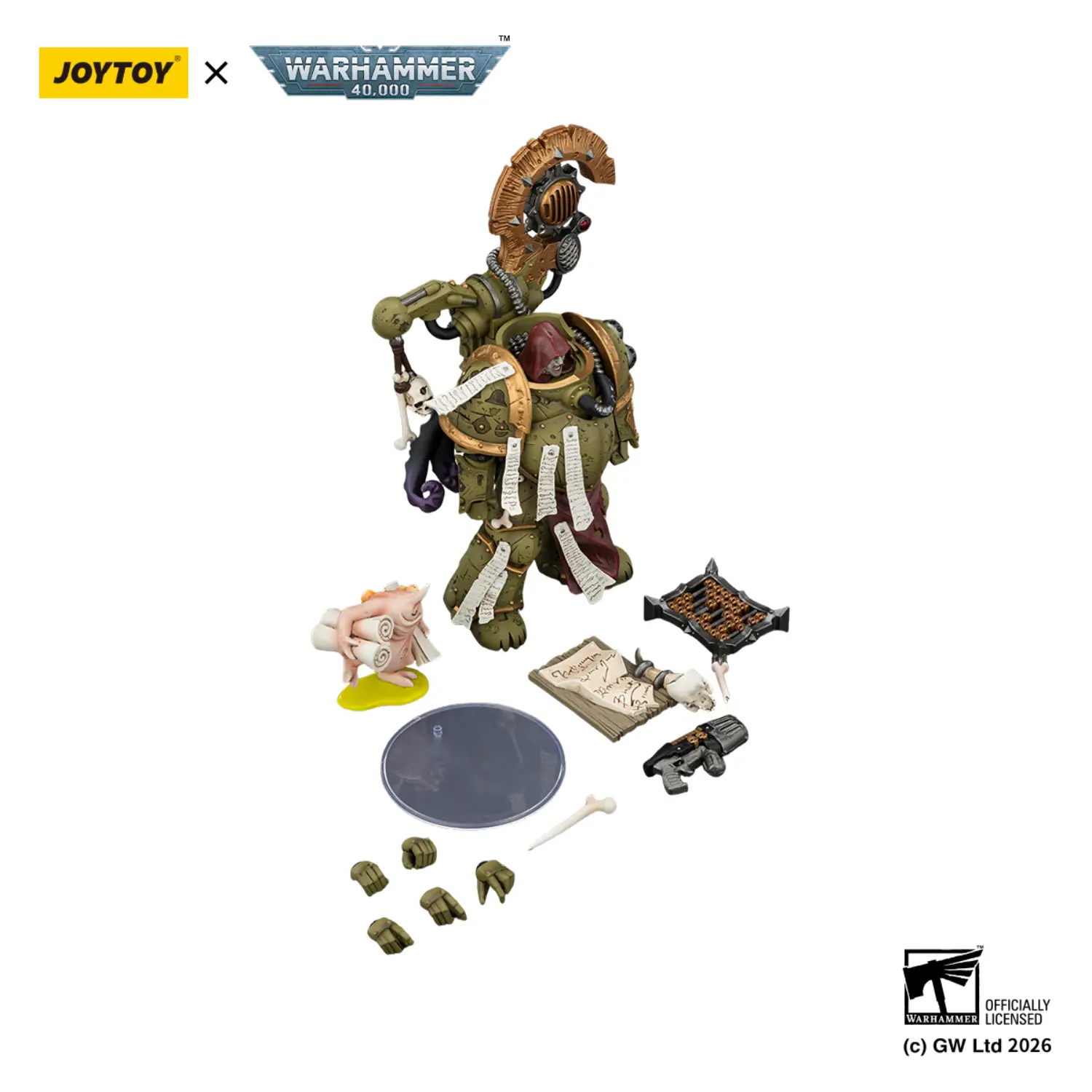 the parts of the Action Figure - JoyToy Death Guard Tallyman with Plasma Pistol 1 18 - Warhammer 40K in white background