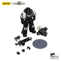 the parts of the Action Figure - JoyToy Game Edition Black Templars Heavy Intercessor with Heavy Bolt Rifle and Bolt Pistol 1 18 - Warhammer 40K Space Marine 2 in white background