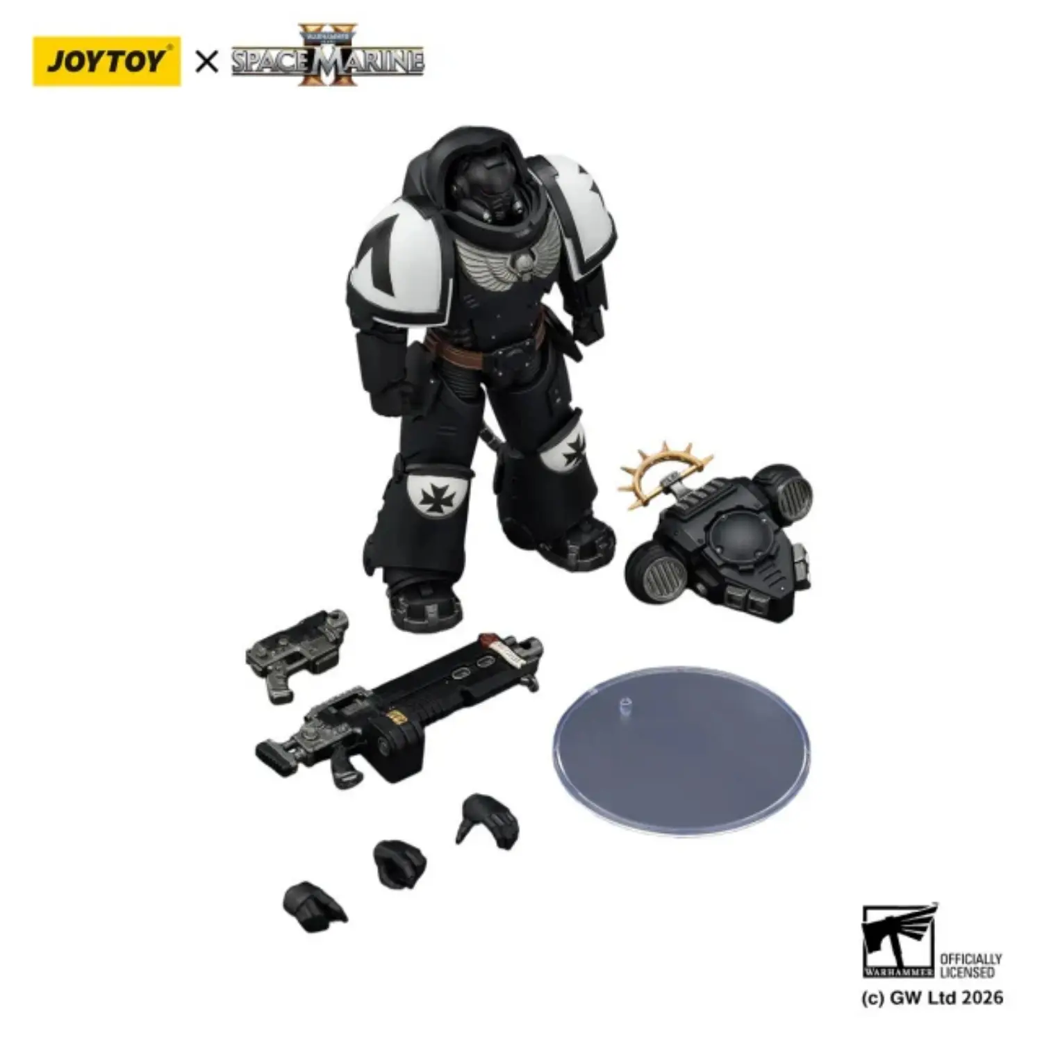 the parts of the Action Figure - JoyToy Game Edition Black Templars Heavy Intercessor with Heavy Bolt Rifle and Bolt Pistol 1 18 - Warhammer 40K Space Marine 2 in white background