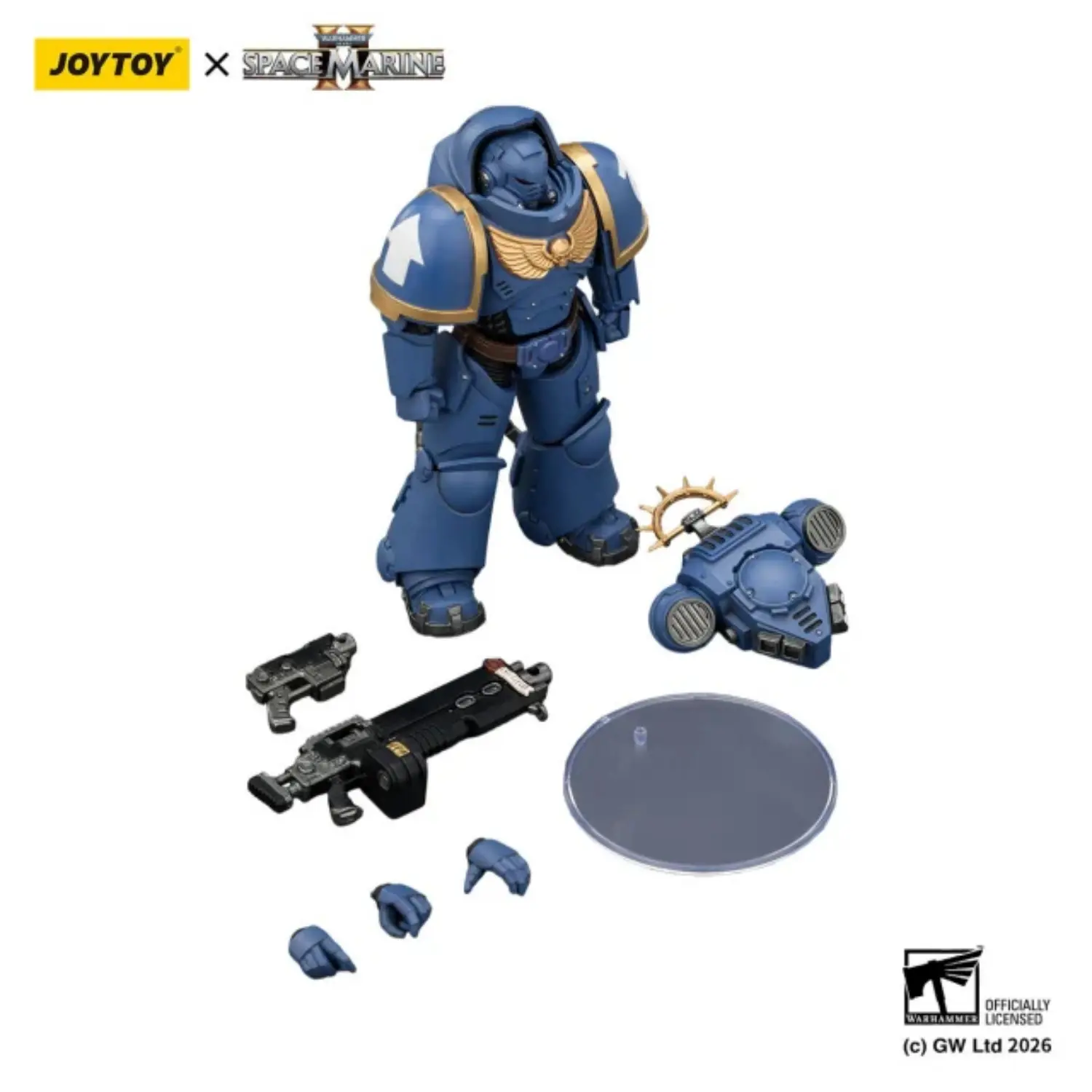 the parts of the Action Figure - JoyToy Game Edition Ultramarines Heavy Intercessor with Heavy Bolt Rifle and Bolt Pistol 1 18 - Warhammer 40K Space Marine 2 in white background