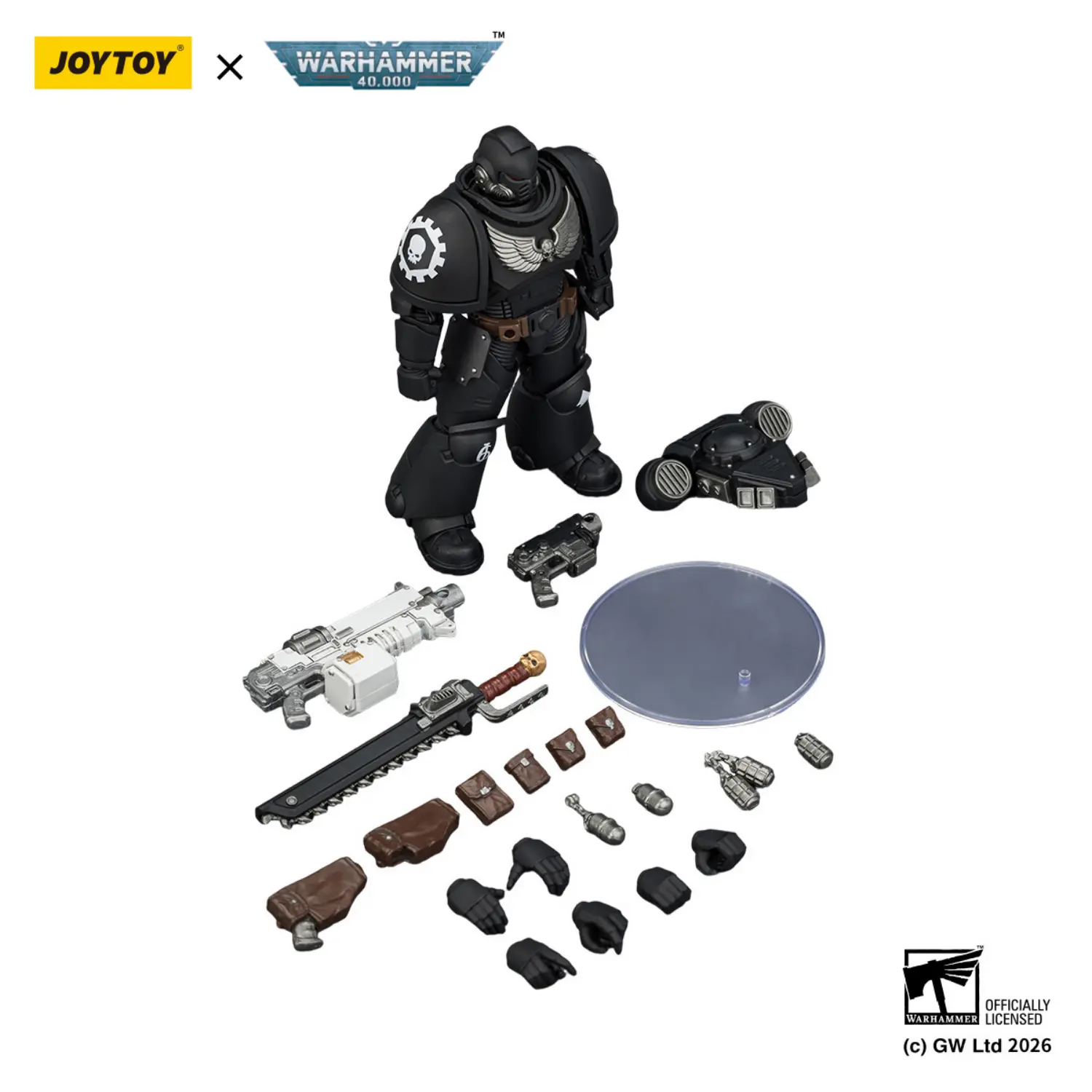 the parts of the Action Figure - JoyToy Iron Hands Intercessor with Bolt Rifle, Bolt Pistol and Chainsword 1 18 - Warhammer 40K in white background