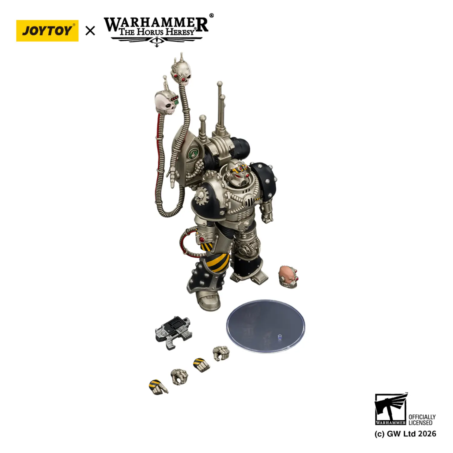 the parts of the Action Figure - JoyToy Iron Warriors Traitor Legion Praevian Tech-Commander with Bolt Pistol 1 18 - Warhammer The Horus Heresy in white backgrond