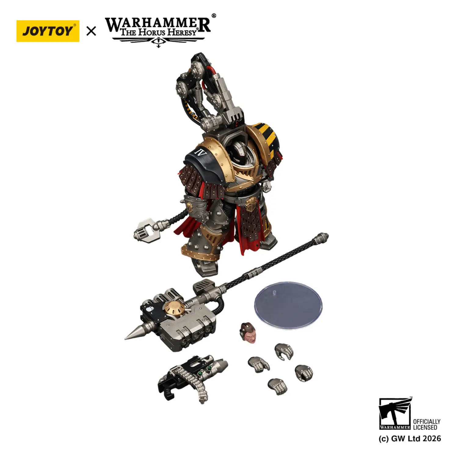 the parts of the Action Figure - JoyToy Iron Warriors Warsmith with Graviton Crusher Hammer 1 18 - Warhammer The Horus Heresy in white background