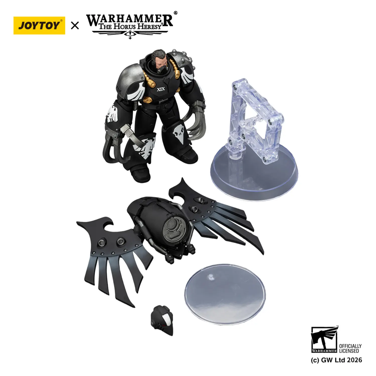 the parts of the Action Figure - JoyToy Raven Guard Dark Fury, Chooser of the Slain with Raven_s Talon claws 1 18 - Warhammer The Horus Heresy in white background
