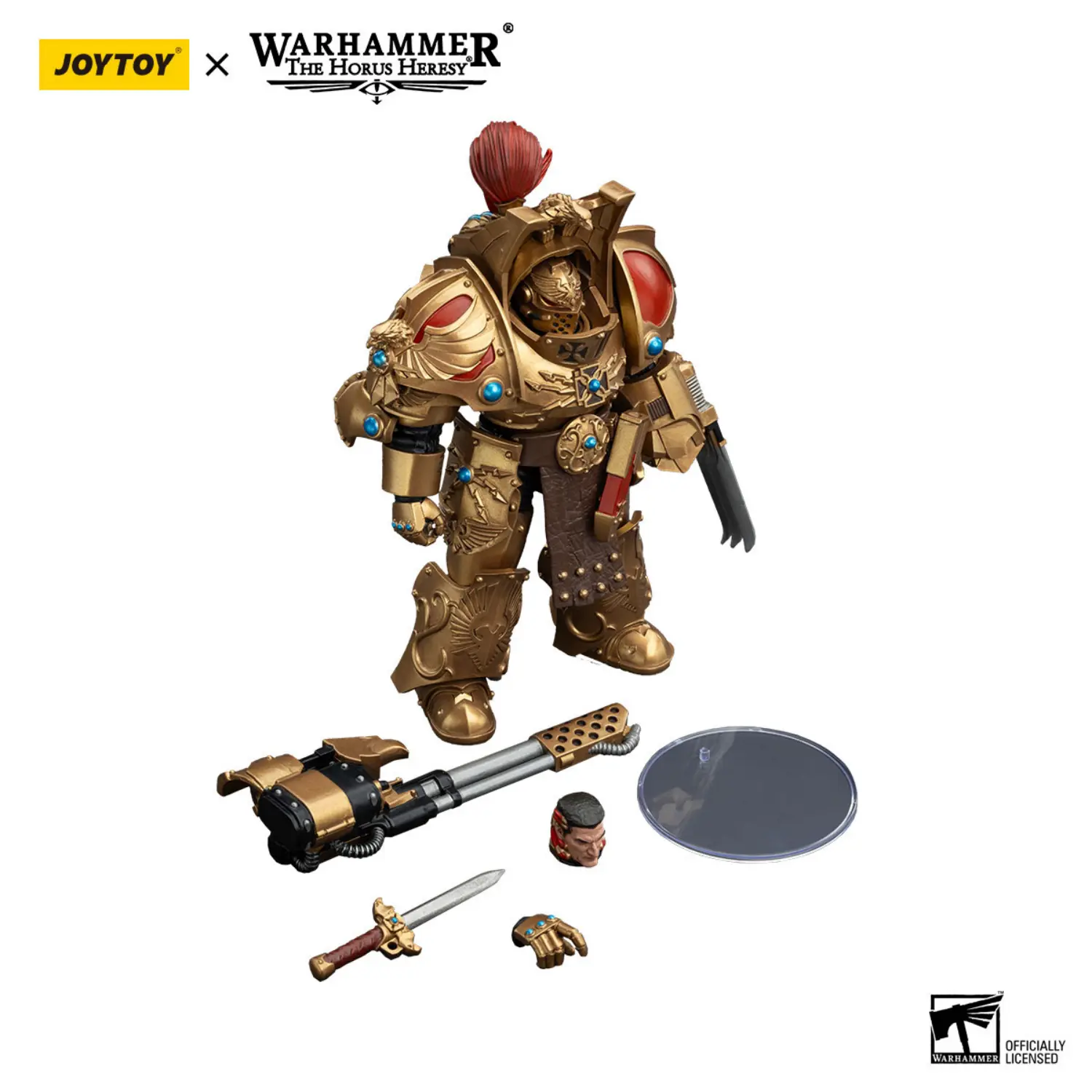 the parts of the Action Figure - JoyToy Scale Legio Custodes Aquilon Terminator with Infernus Firepike 1 18 - Warhammer The Horus Heresy in white background