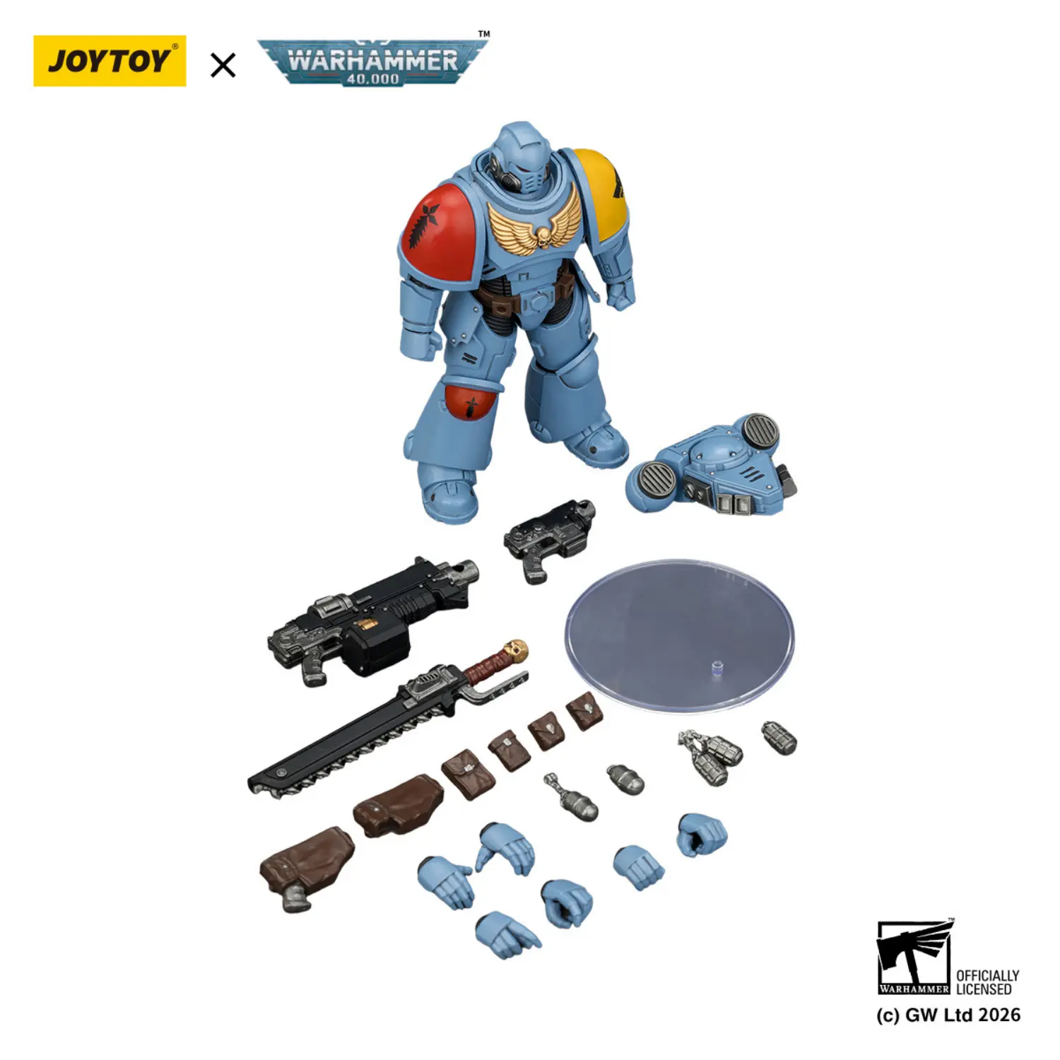 the parts of the Action Figure - JoyToy Space Wolves Intercessor with Bolt Rifle, Bolt Pistol and Chainsword 1 18 - Warhammer 40K in white background the parts of the Action Figure - JoyToy Space Wolves Intercessor with Bolt Rifle, Bolt Pistol and Chainsword 1 18 - Warhammer 40K in white background