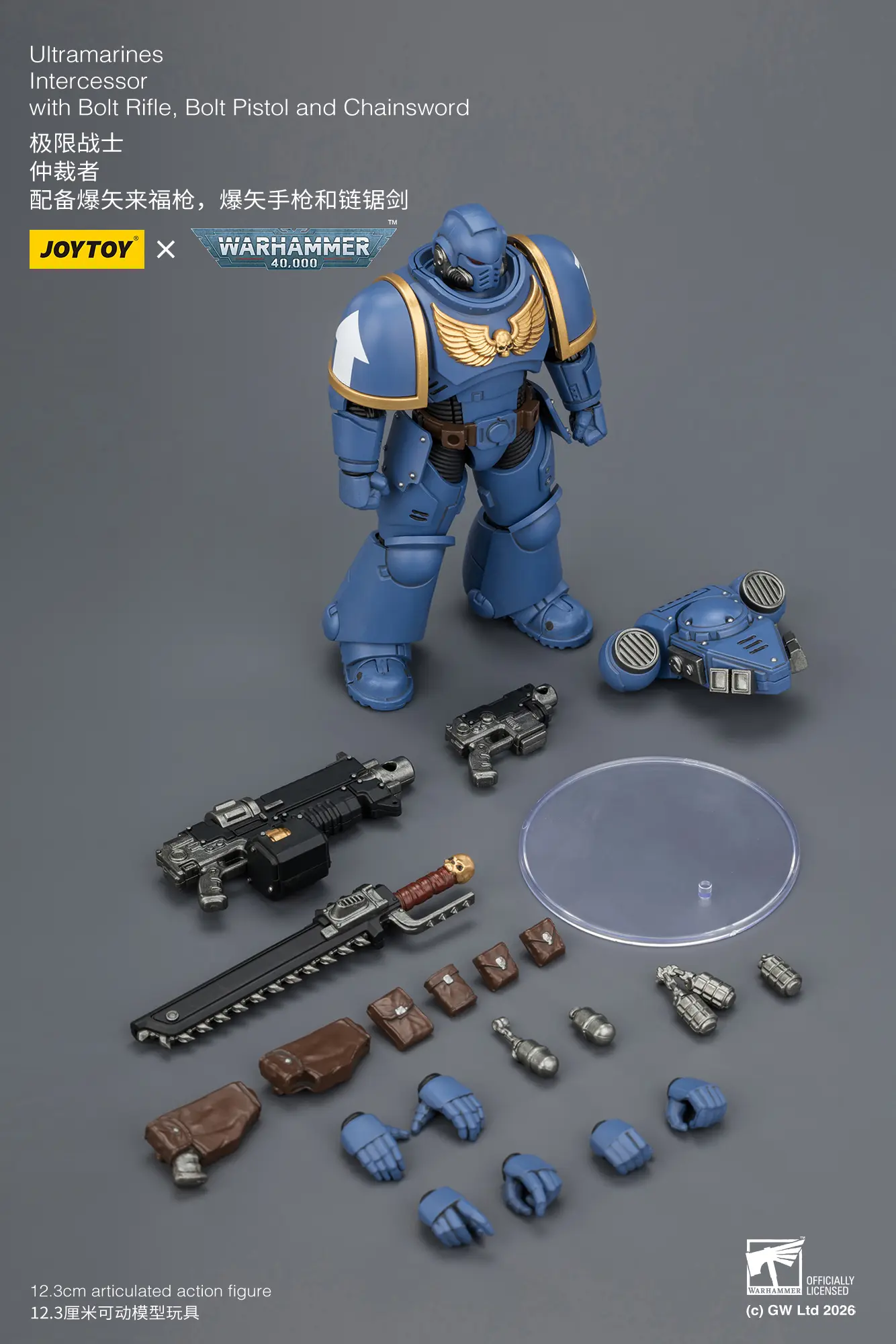 the parts of the Action Figure - JoyToy Ultramarines Intercessor with Bolt Rifle, Bolt Pistol and Chainsword 1 18 - Warhammer 40K rectangle image