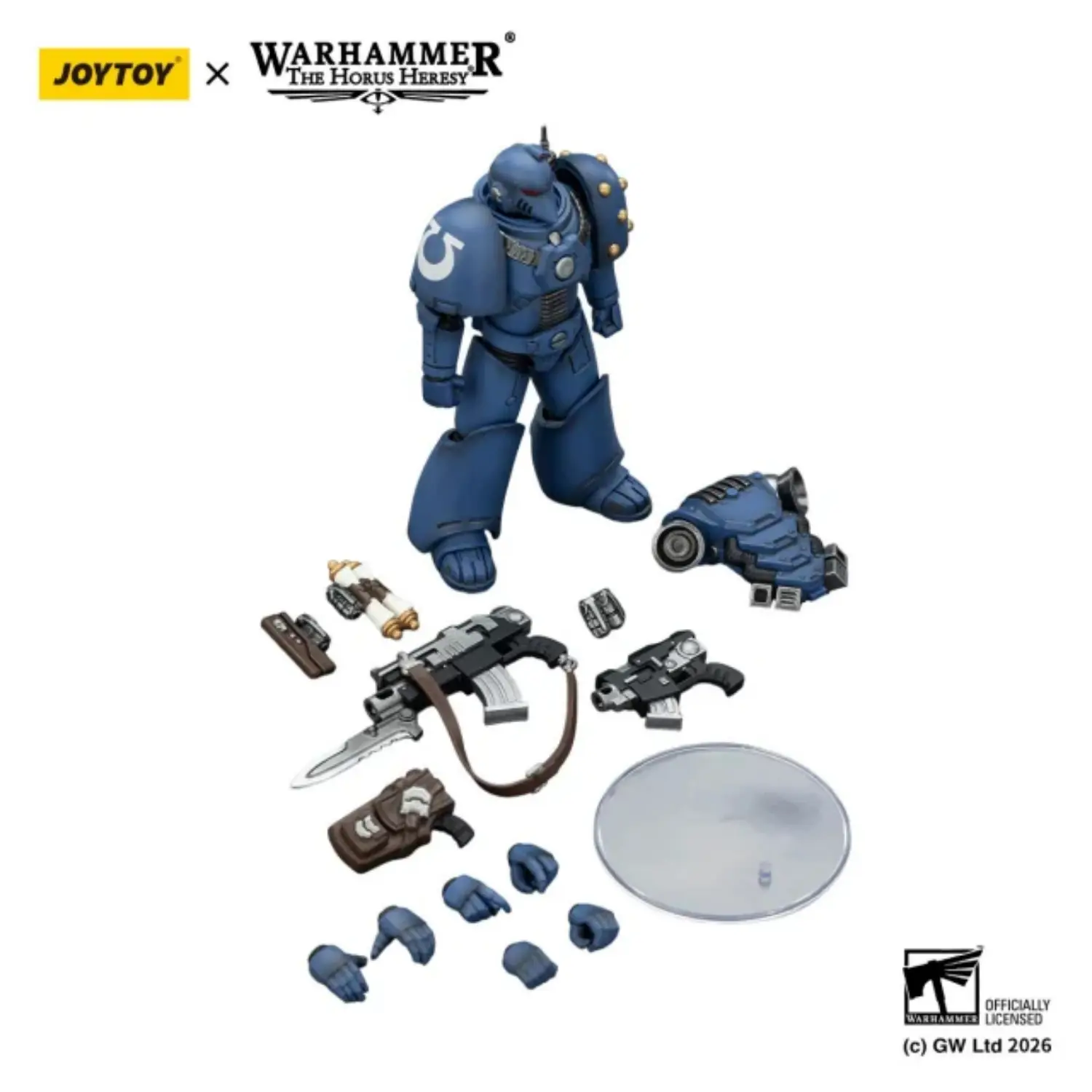 the parts of the Action Figure - JoyToy Ultramarines Legion MKVI Tactical Legionary with Chain-Bayonet 1 18 - Warhammer The Horus Heresy in white background