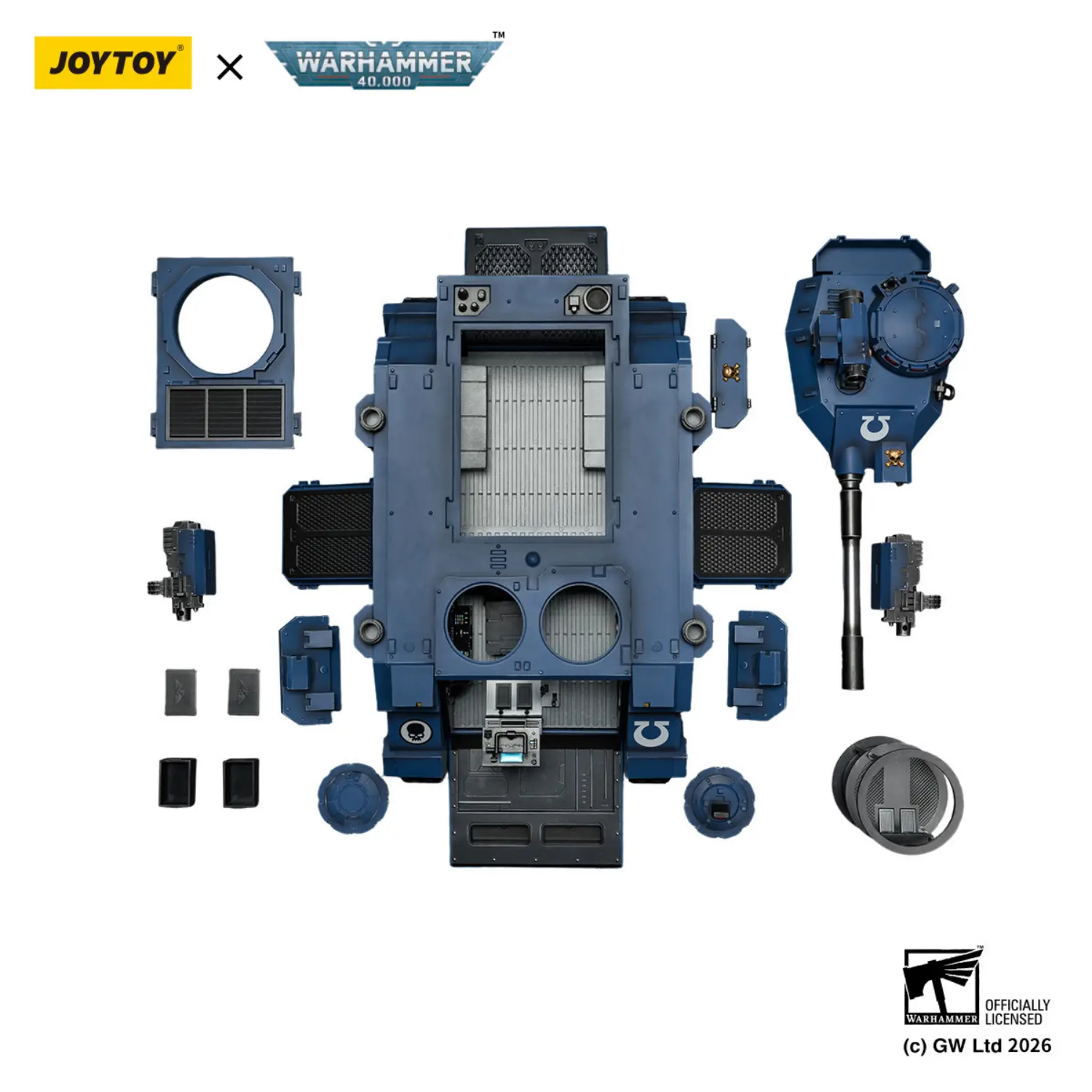 the parts of the Action Figure - JoyToy Ultramarines Predator Destructor Tank with Turret-mounted Autocannon and Sponson-mounted Heavy Bolters 1 18 - Warhammer 40K Vehicle in white background