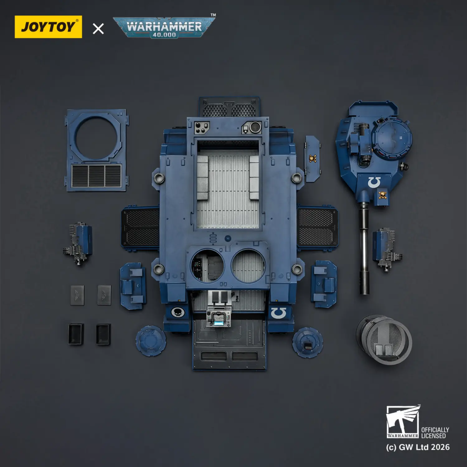 the parts of the Action Figure - JoyToy Ultramarines Predator Destructor Tank with Turret-mounted Autocannon and Sponson-mounted Heavy Bolters 1 18 - Warhammer 40K Vehicle