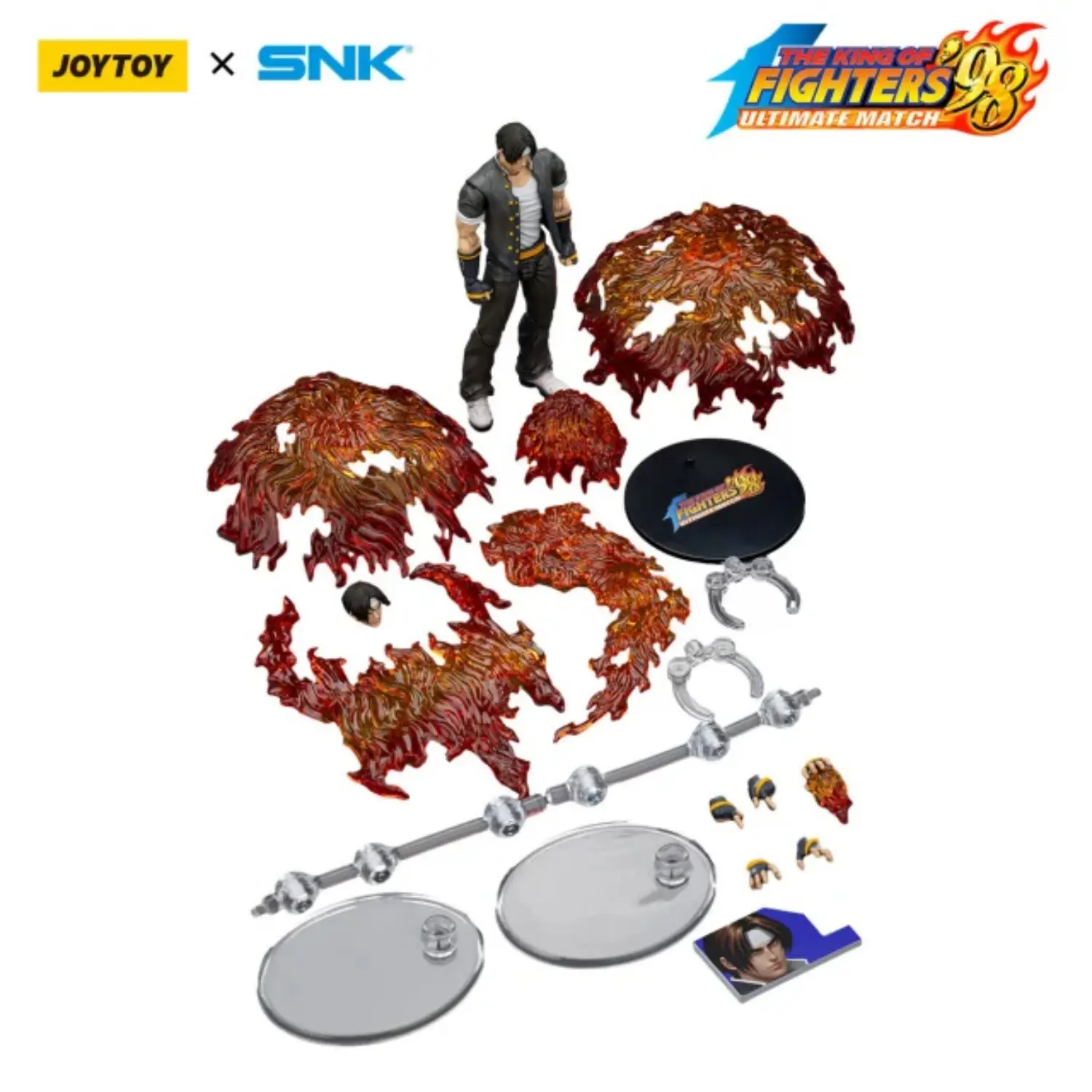 the parts of the Action Figure - Kyo Kusanagi KOF _98 UM Hero Team SNK 1 18 - JOYTOY The King of Fighters in white background